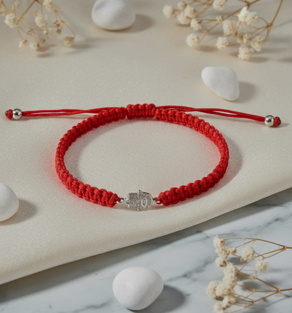 Pulsera Hilo Rojo Mano De Fatima Plata Fina Con Circones-2