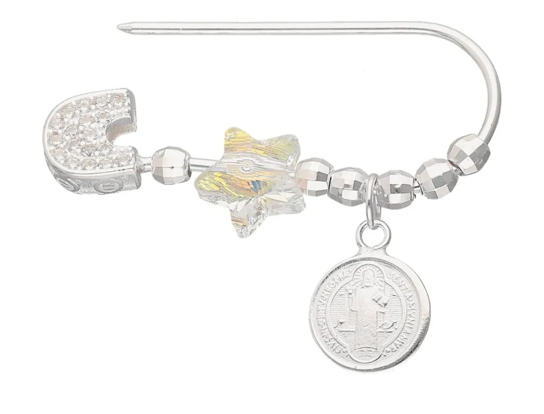 Prendedor Broche Alfiler Bebe Plata 925 San Benito Y Cristal-0