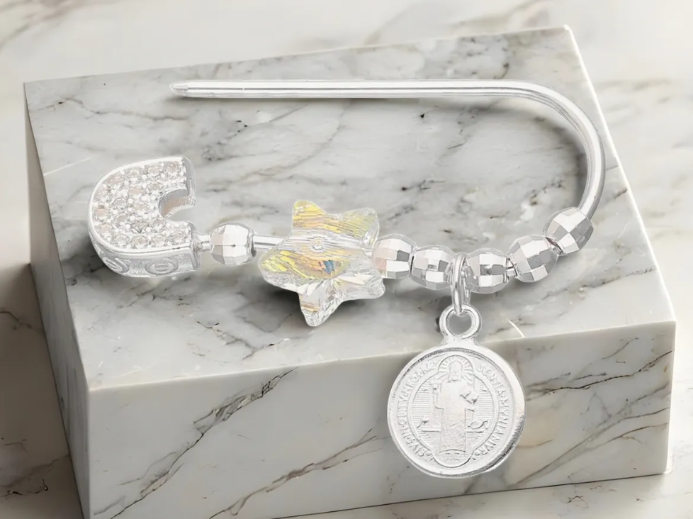 Prendedor Broche Alfiler Bebe Plata 925 San Benito Y Cristal-1