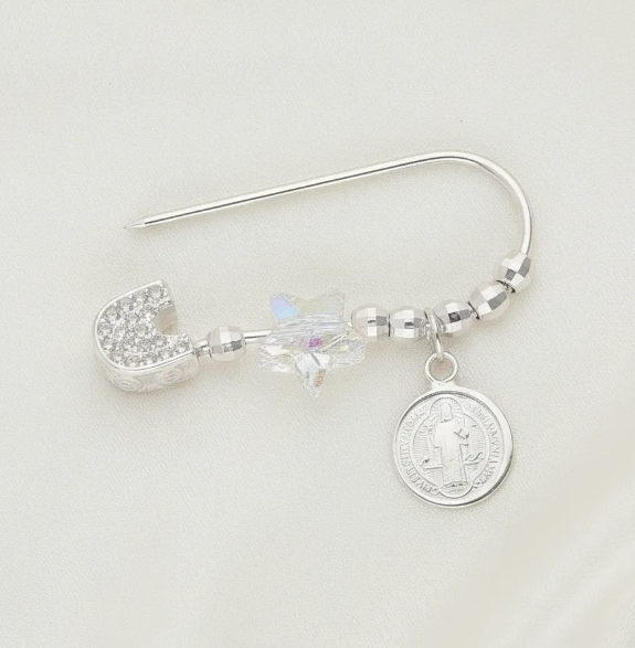 Prendedor Broche Alfiler Bebe Plata 925 San Benito Y Cristal-3