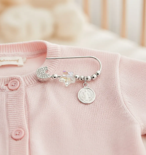 Prendedor Broche Alfiler Bebe Plata 925 San Benito Y Cristal-4