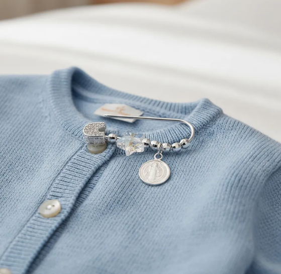 Prendedor Broche Alfiler Bebe Plata 925 San Benito Y Cristal-5