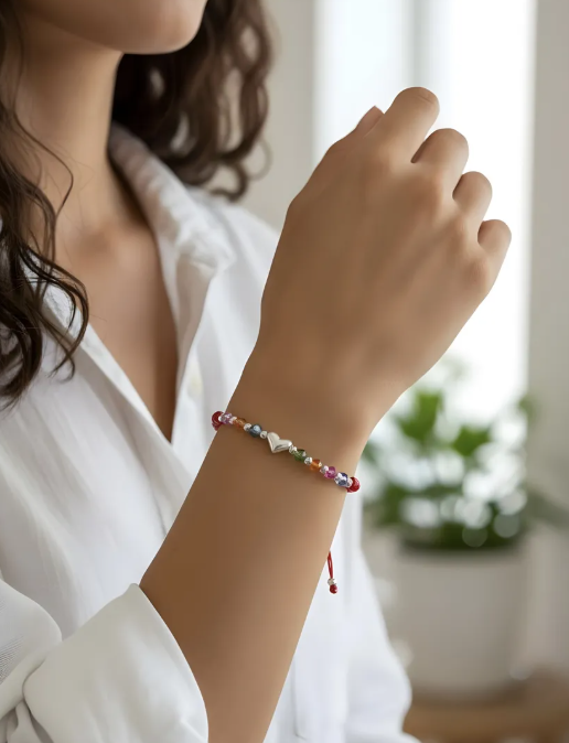 Pulsera Hilo Rojo Corazón Esferas Plata Fina 925 Cristales Mujer-2