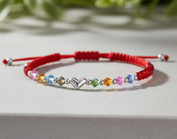 Pulsera Hilo Rojo Corazón Esferas Plata Fina 925 Cristales Mujer-3