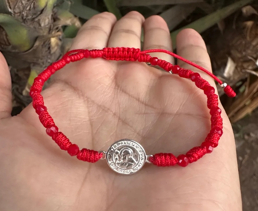 Pulsera Hilo Rojo San Benito Plata 925 Con Cristales Rojos-1