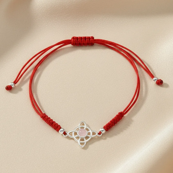 Pulsera Hilo Rojo Nudo De Brujas Plata Cuarzo Rosa amor y proteccion-3