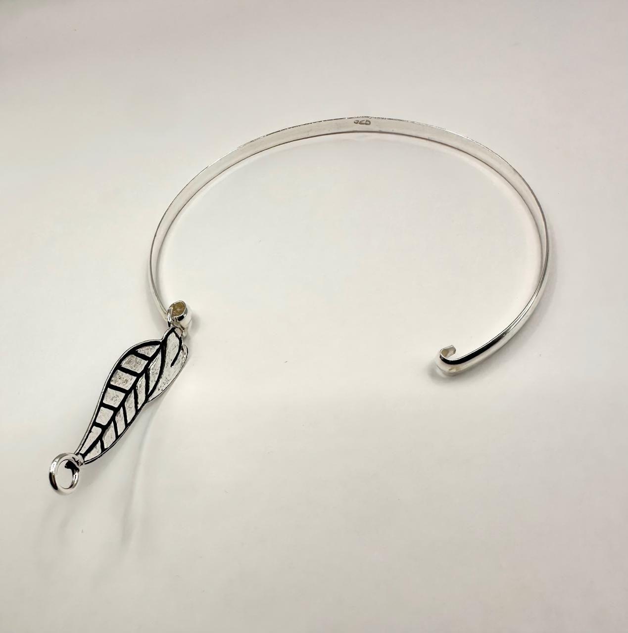 Pulsera Rígida Esclava Hoja Plata Fina 925 Envejecida Mujer-3
