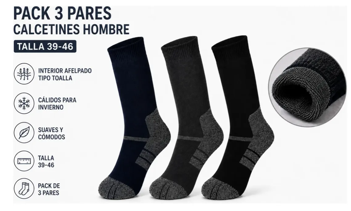 3 Pares Calcetines Hombre Invierno Interior Afelpado Gruesos-1