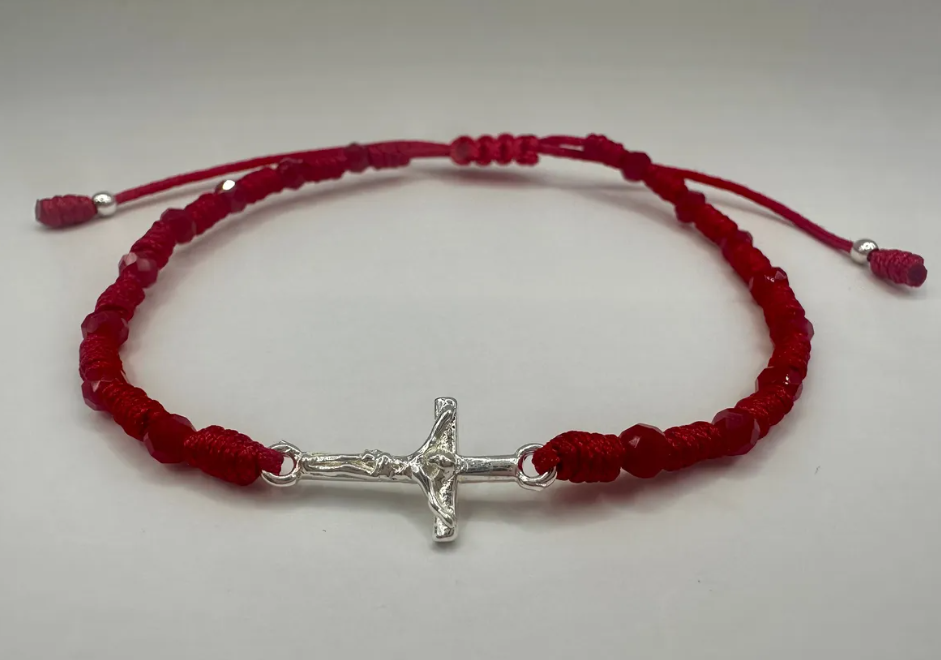 Pulsera Cruz Cristo Plata 925 Hilo Rojo Con Cristales Rojos-2