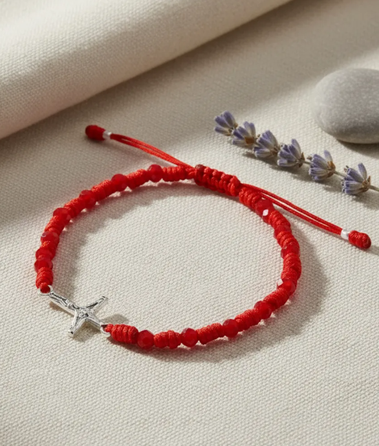 Pulsera Cruz Cristo Plata 925 Hilo Rojo Con Cristales Rojos-3