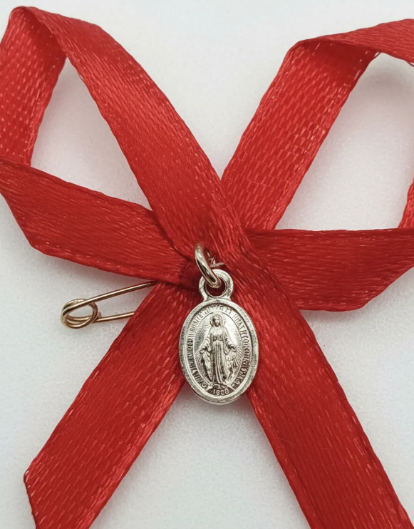 Prendedor Medalla Virgen Milagrosa Plata 925 Cinta Roja Bebe-3