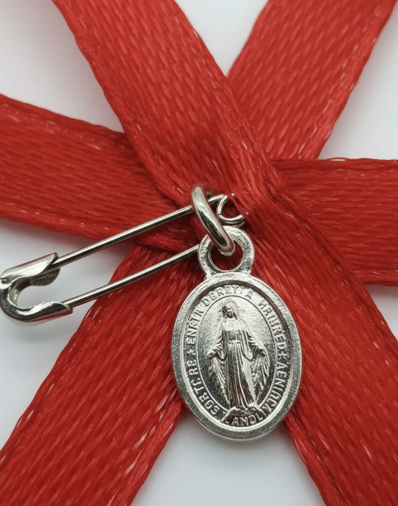 Prendedor Medalla Virgen Milagrosa Plata 925 Cinta Roja Bebe-4