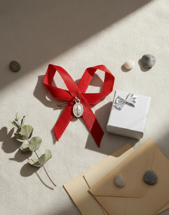 Prendedor Medalla Virgen Milagrosa Plata 925 Cinta Roja Bebe-5