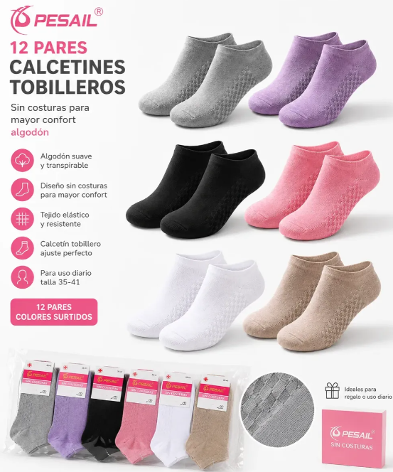 12 Pares Calcetines Tobillera Algodon Sin Costuras Mujer-2