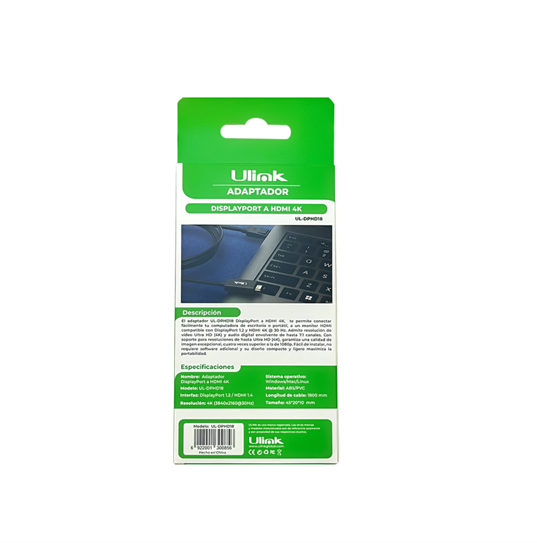 Adaptador DisplayPort Macho a HDMI 4K 1,8MT Ulink UL-DPHD18-3