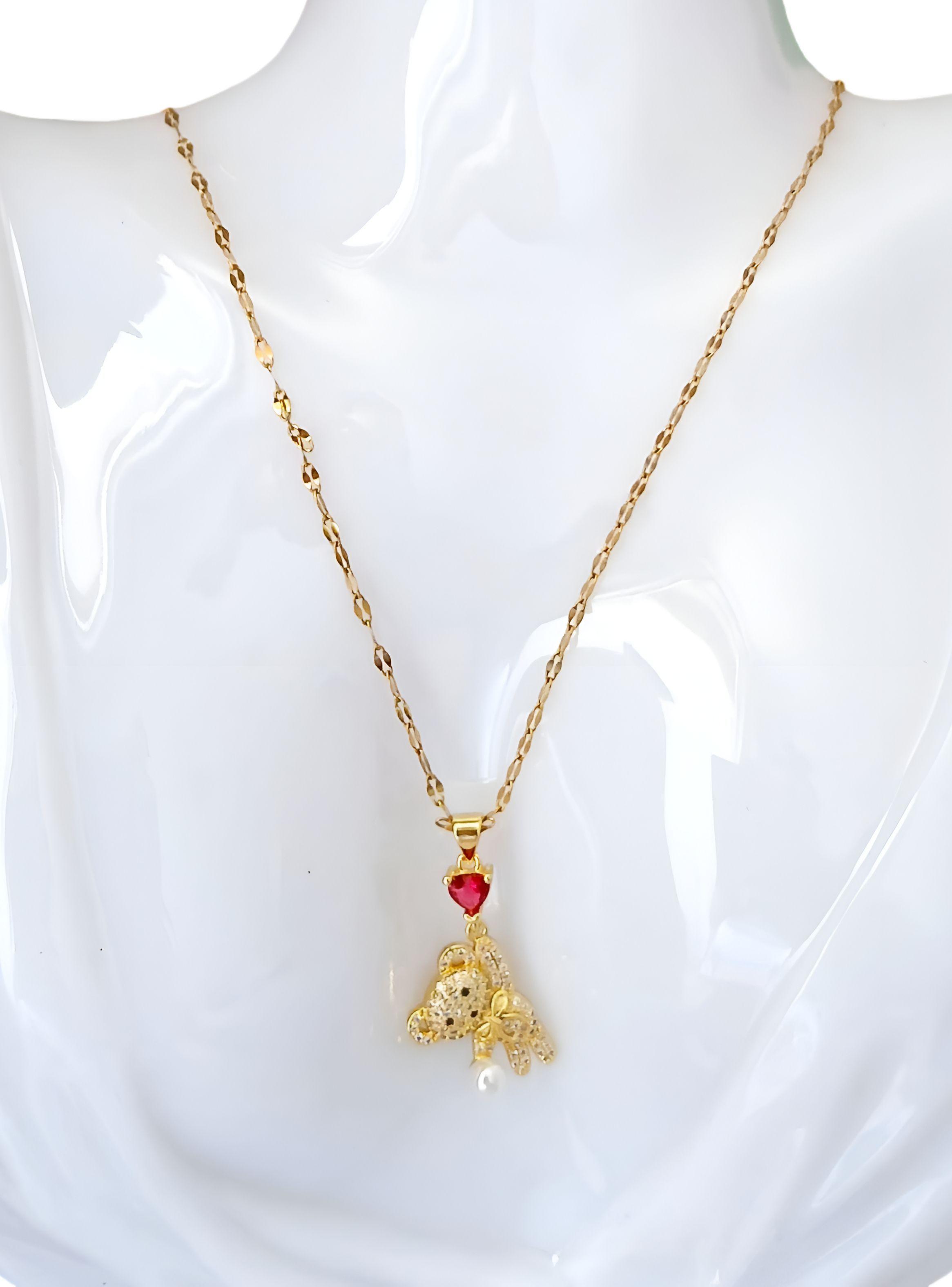 COLLAR DE MUJER OSITO Y CORAZÓN DE ACERO BAÑADO EN ORO 18K -3