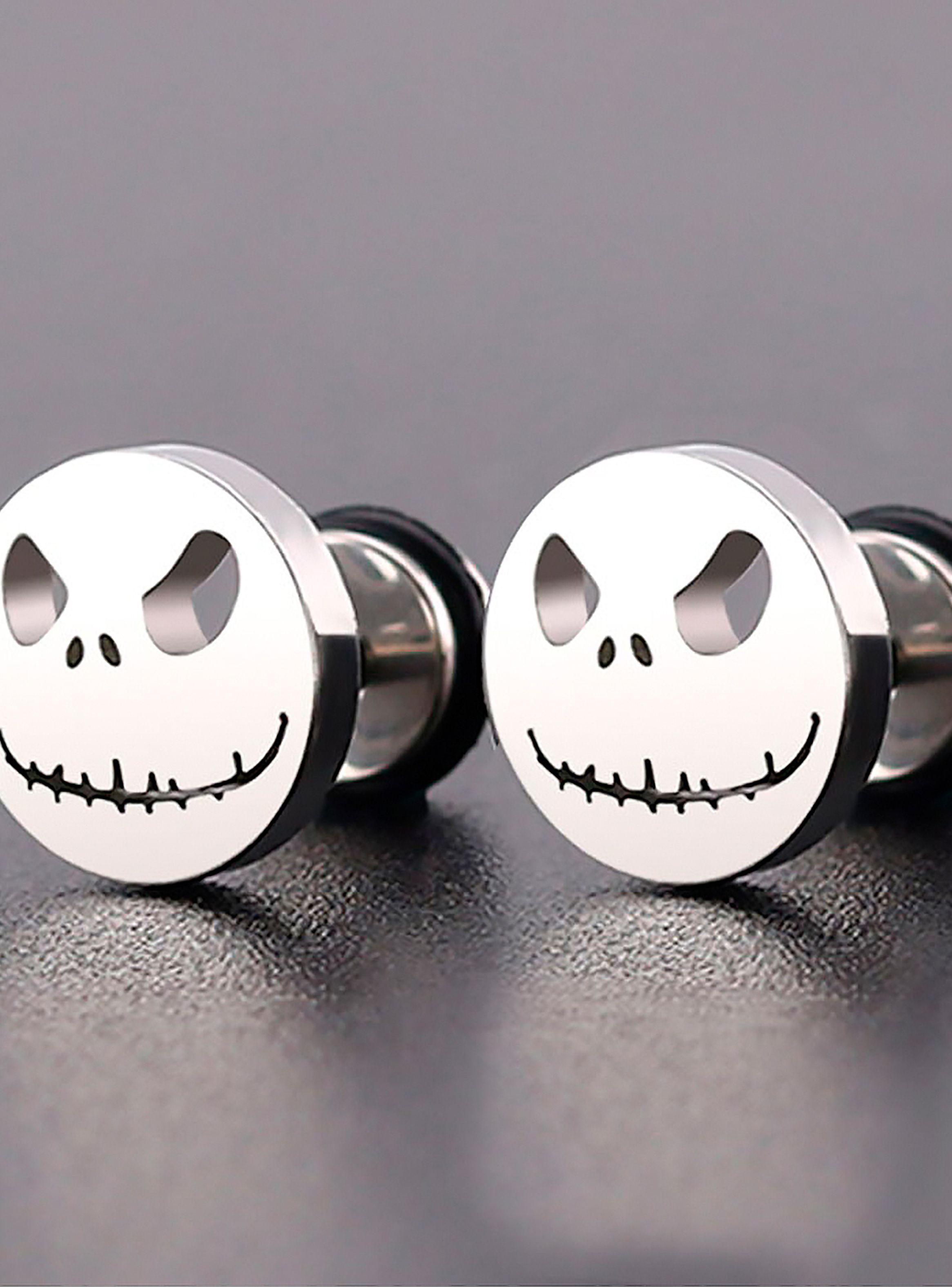 Aros de Acero Unisex Aretes Oreja Diseño Jack Skellington Plateado-3