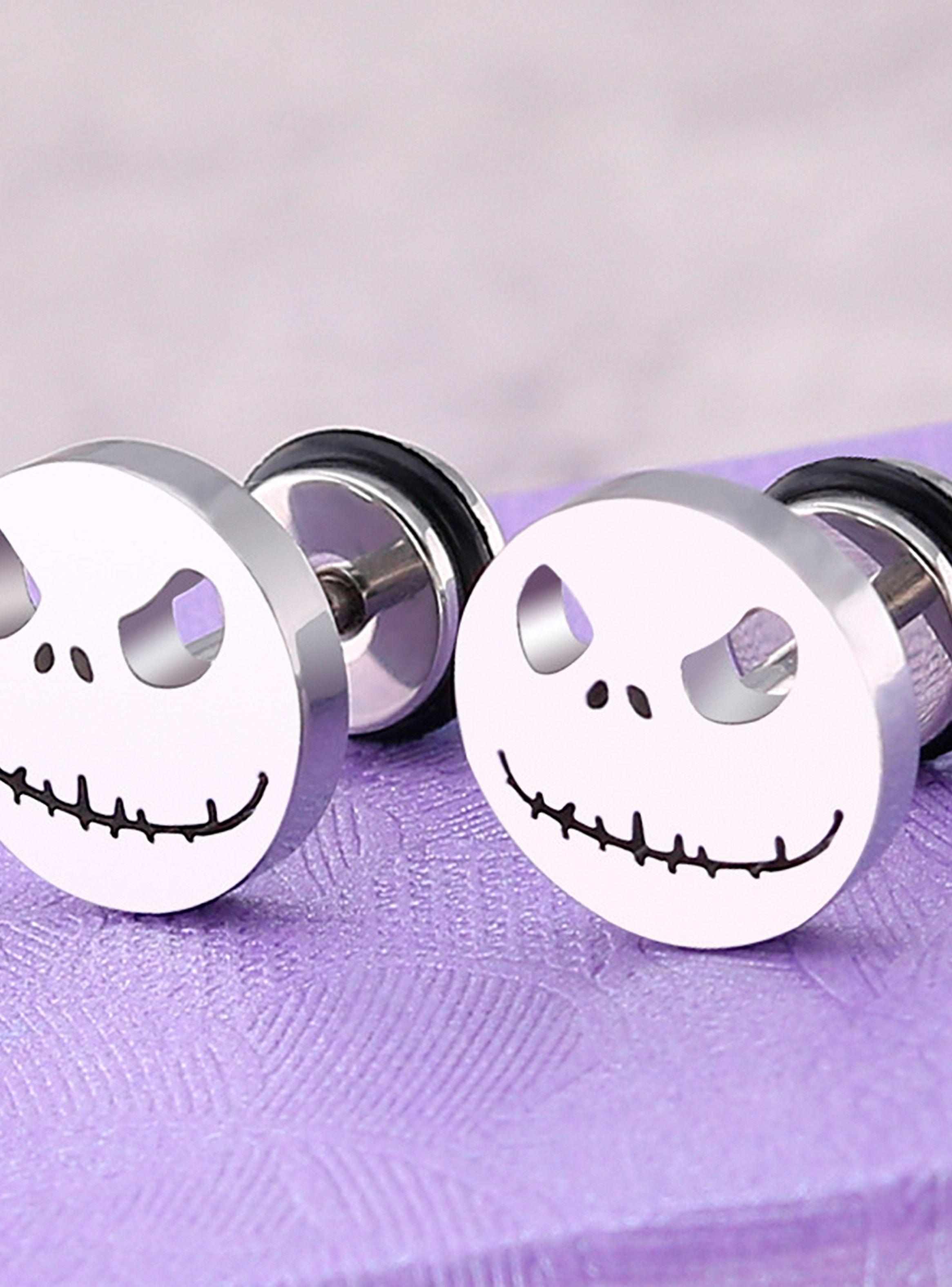 Aros de Acero Unisex Aretes Oreja Diseño Jack Skellington Plateado-5