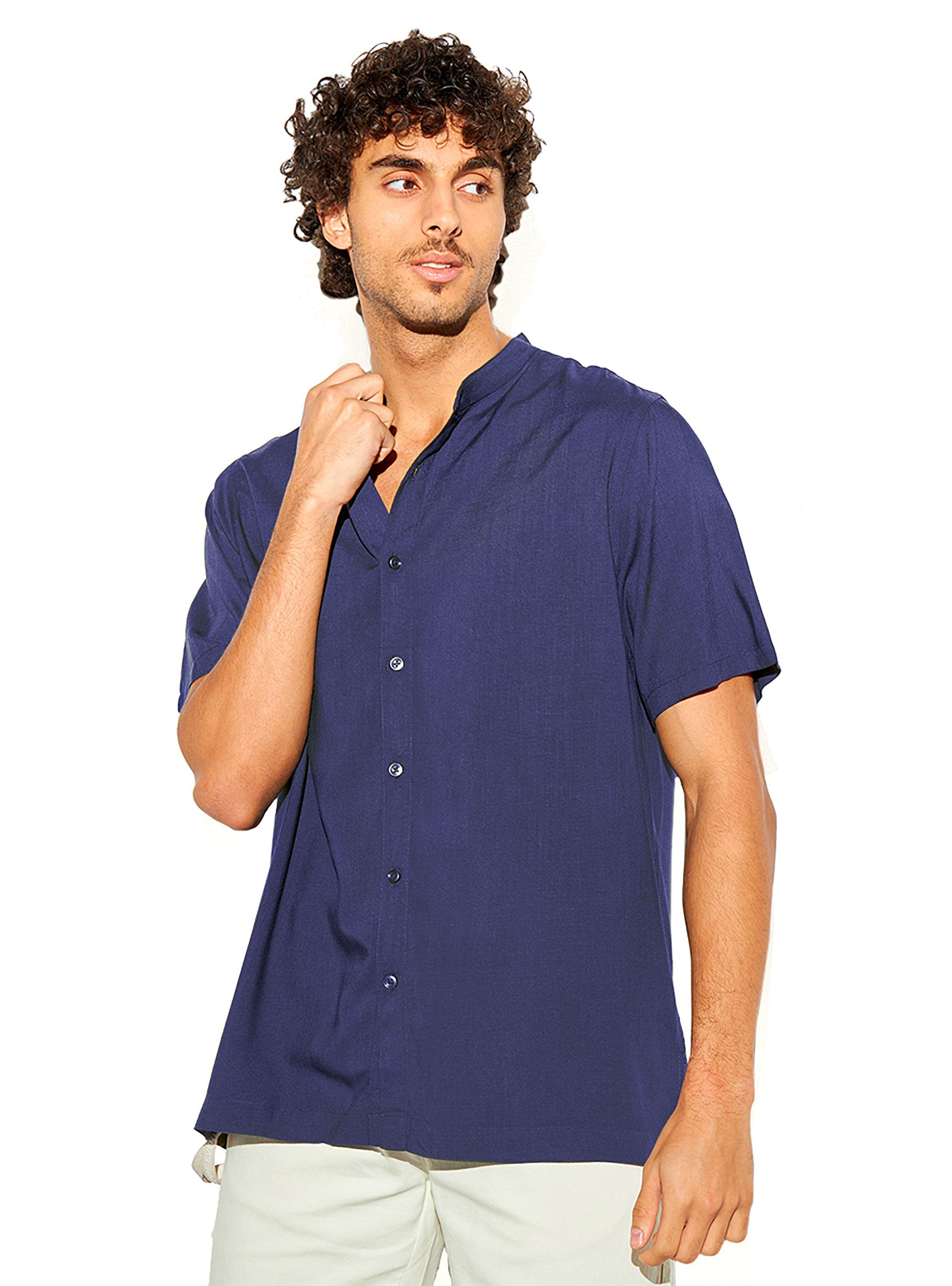 Camisa de Lino Manga Corta Hombre Cuello Mao Azul-0