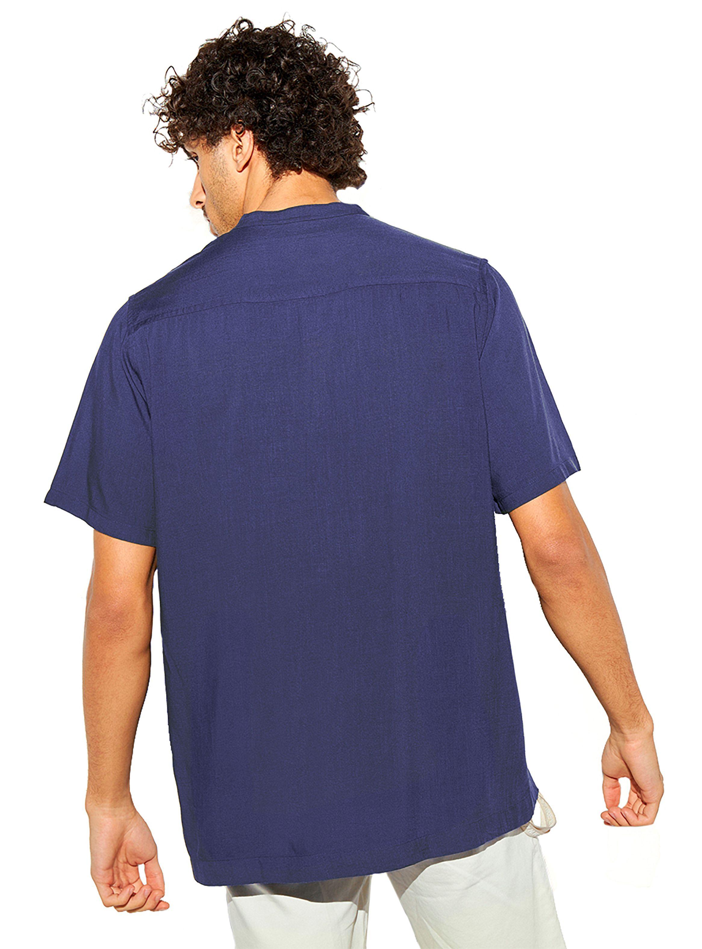 Camisa de Lino Manga Corta Hombre Cuello Mao Azul-1