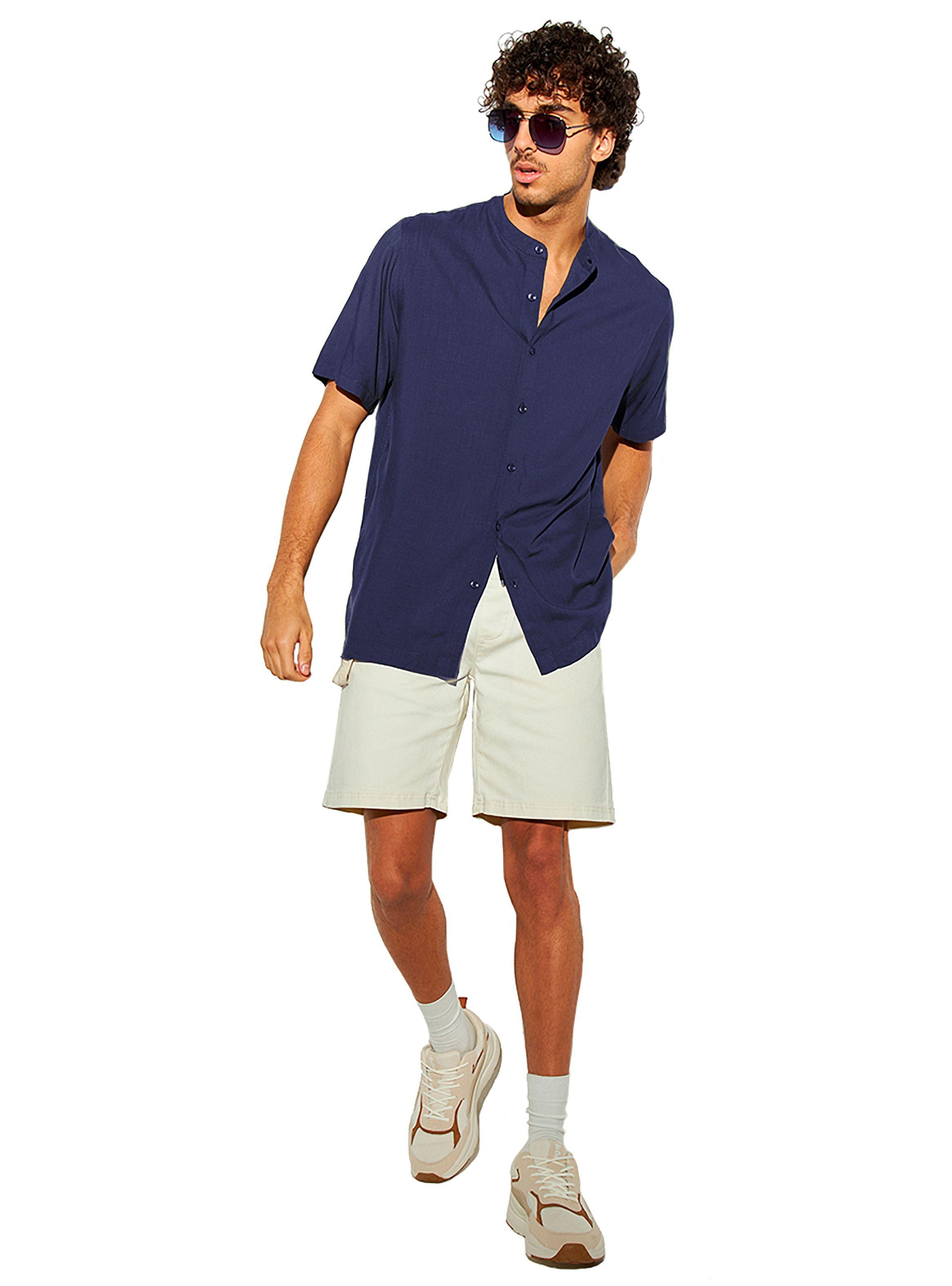 Camisa de Lino Manga Corta Hombre Cuello Mao Azul-2