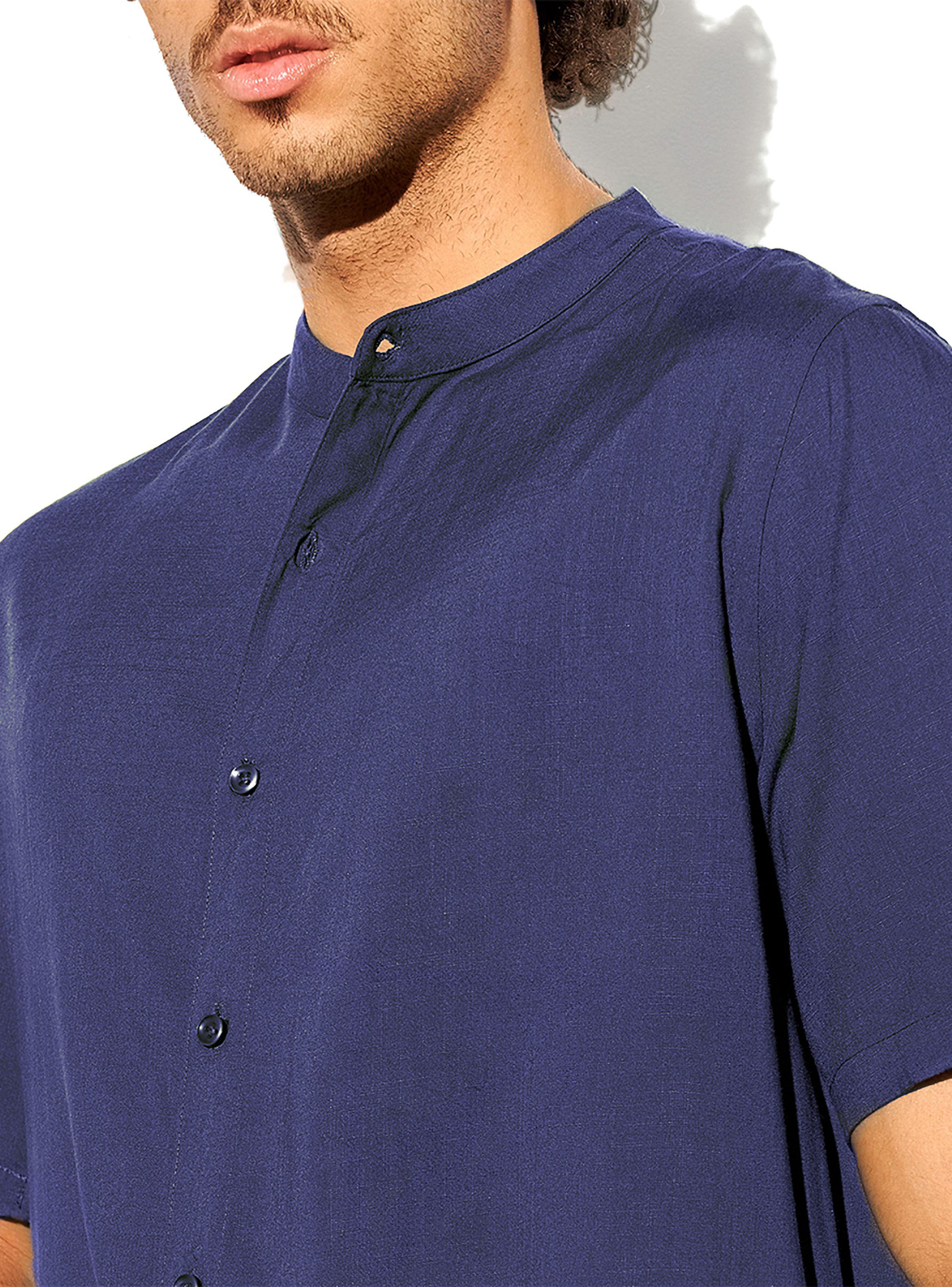 Camisa de Lino Manga Corta Hombre Cuello Mao Azul-3