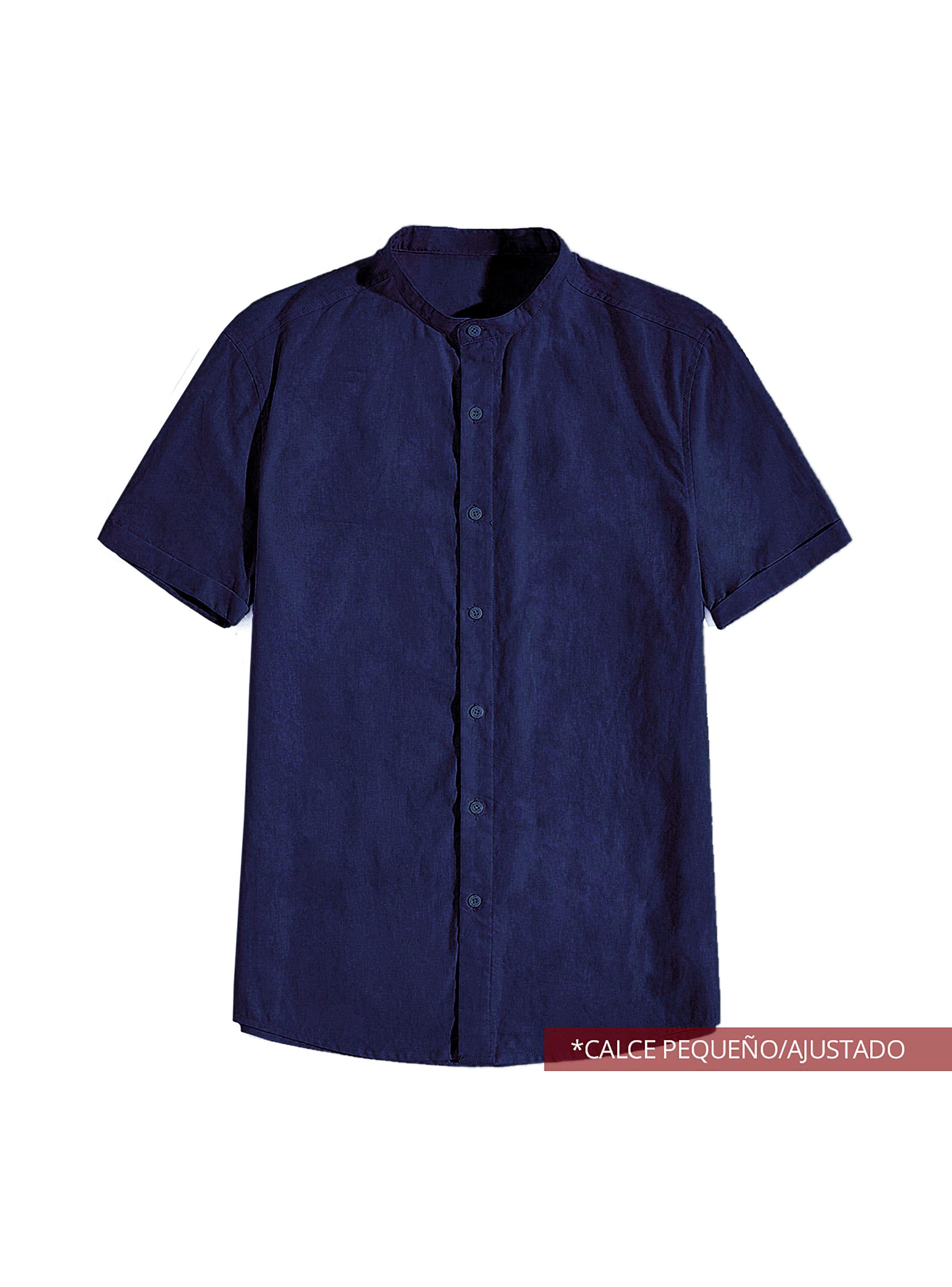 Camisa de Lino Manga Corta Hombre Cuello Mao Azul-4