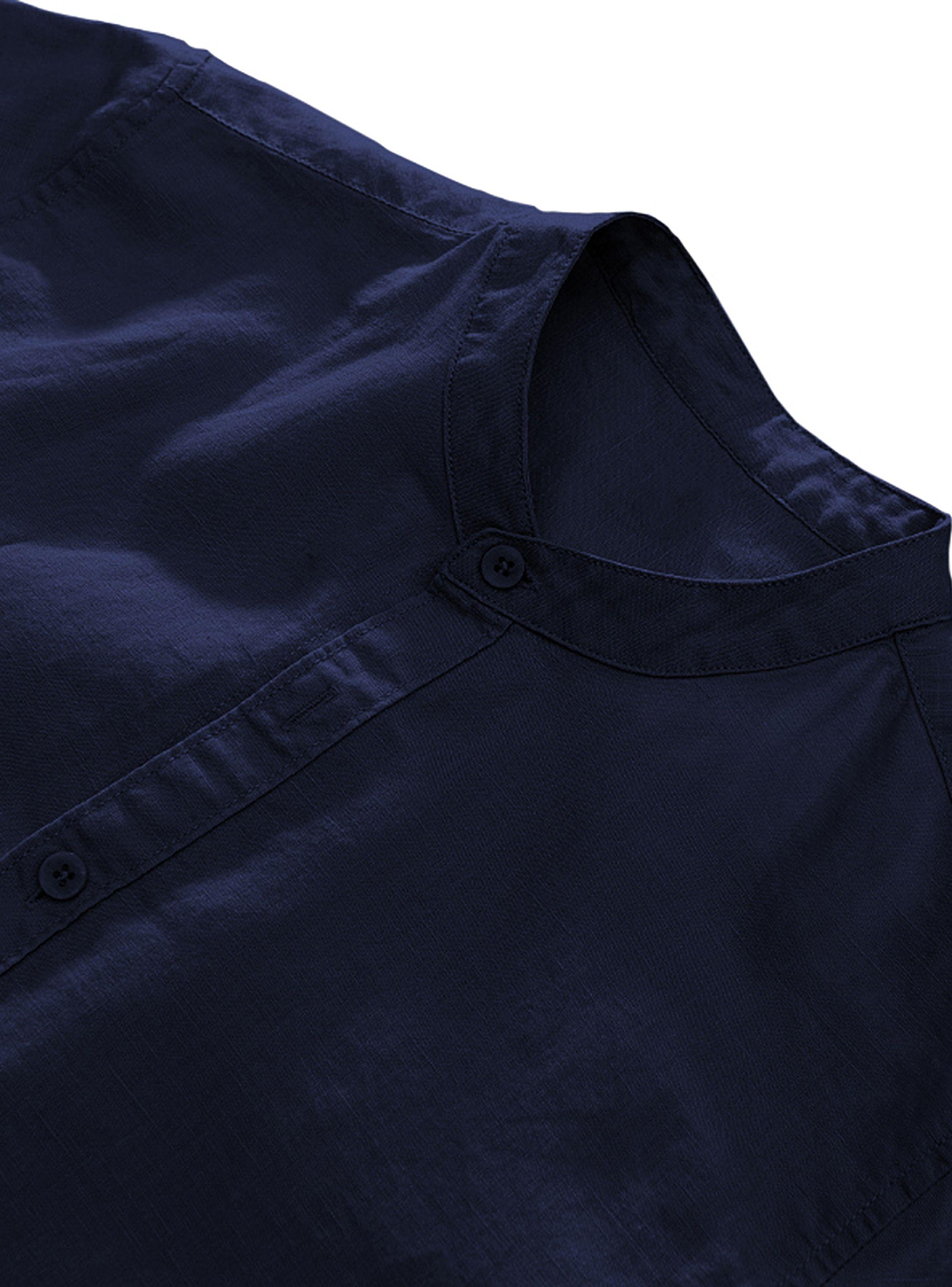 Camisa de Lino Manga Corta Hombre Cuello Mao Azul-5
