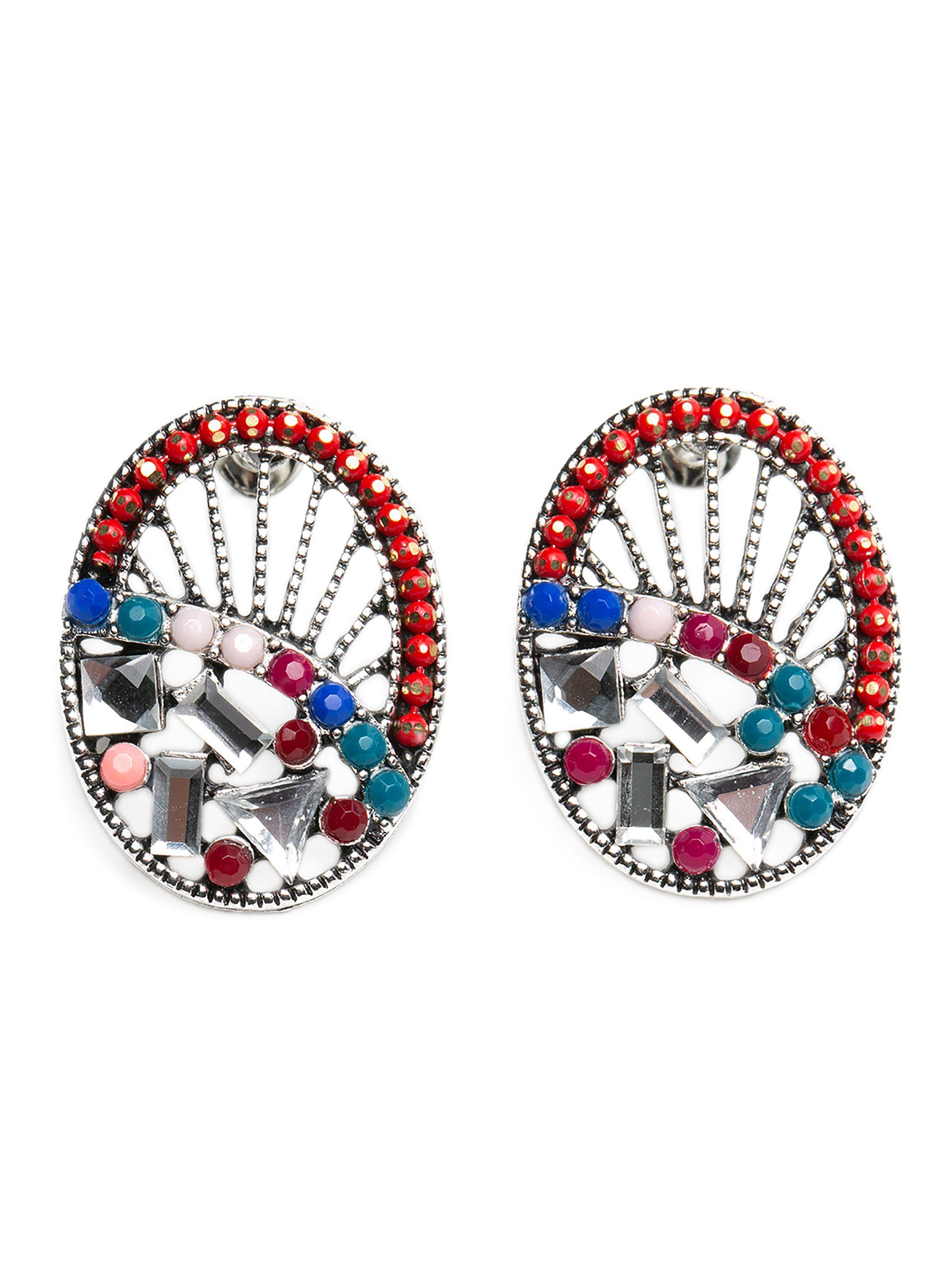 Pendientes Ovalados Rojos Piedras Multicolor Mujer-0