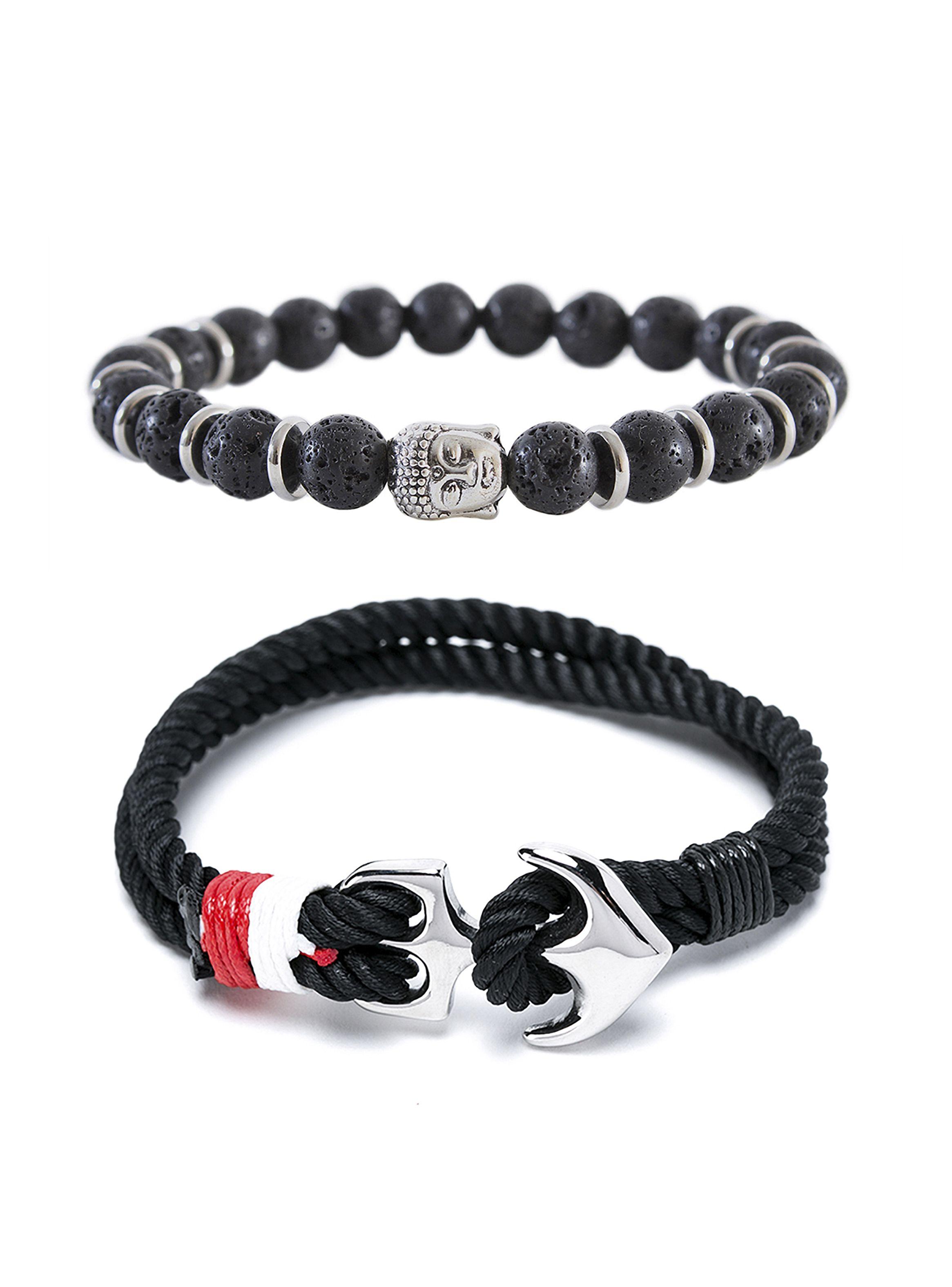 Pack 2 Pulseras de Piedra Volcánica y Cabeza de Buda y Pulsera Cuerda Negra con Ancla-0
