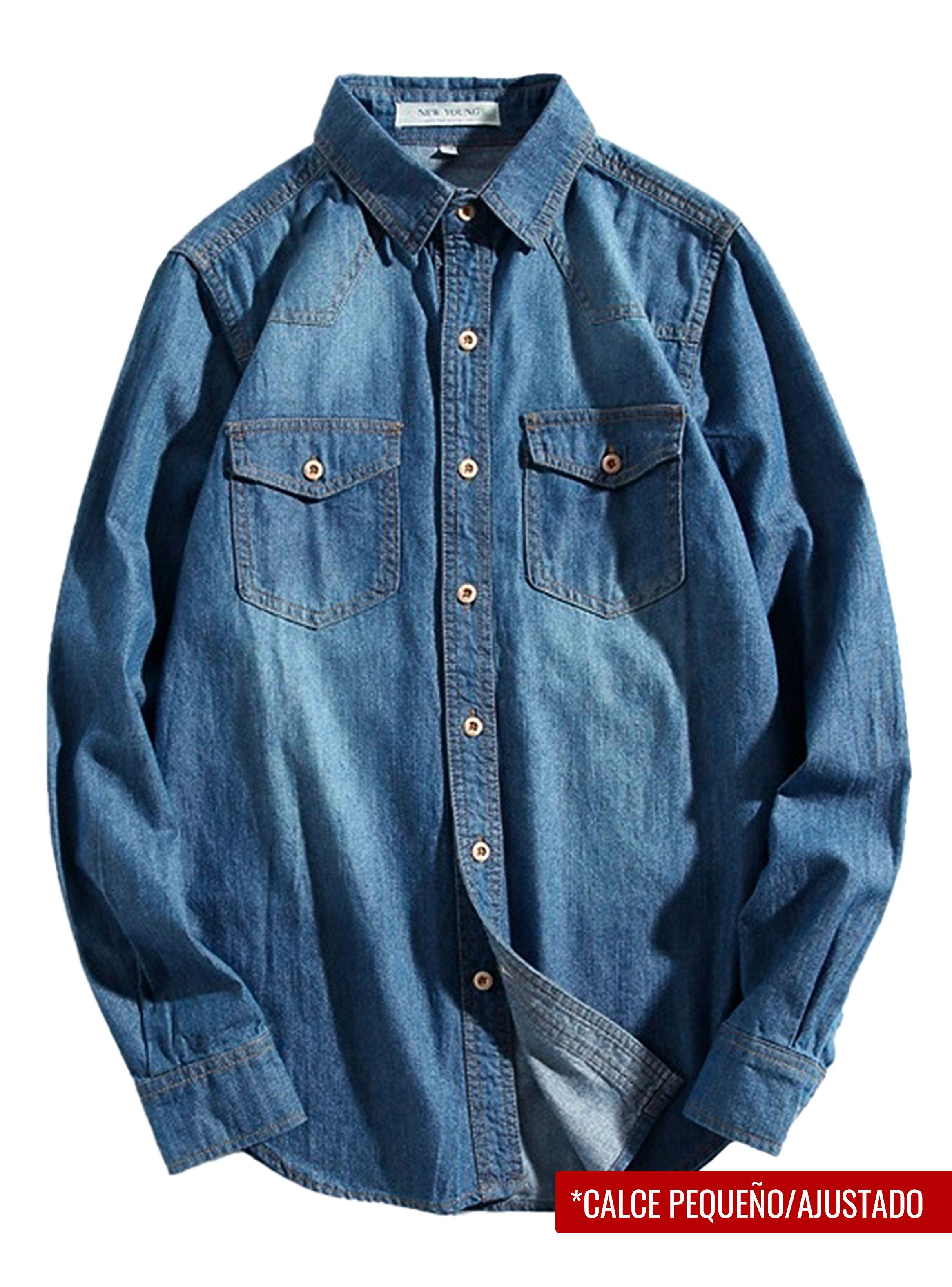 Camisa Mezclilla Jean Manga Larga Azul-2