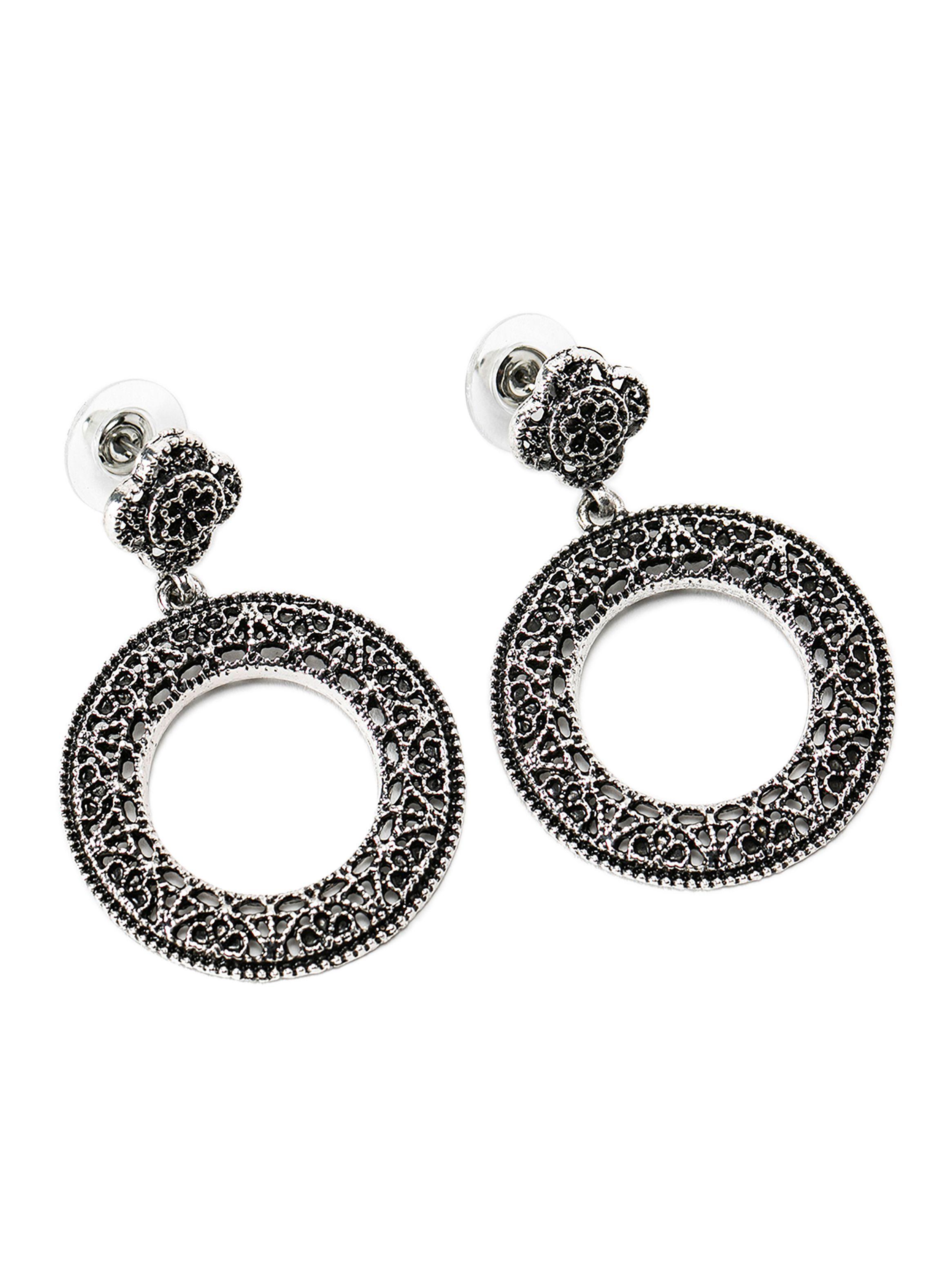 Aretes Circulares Texturado Flor Envejecido-0