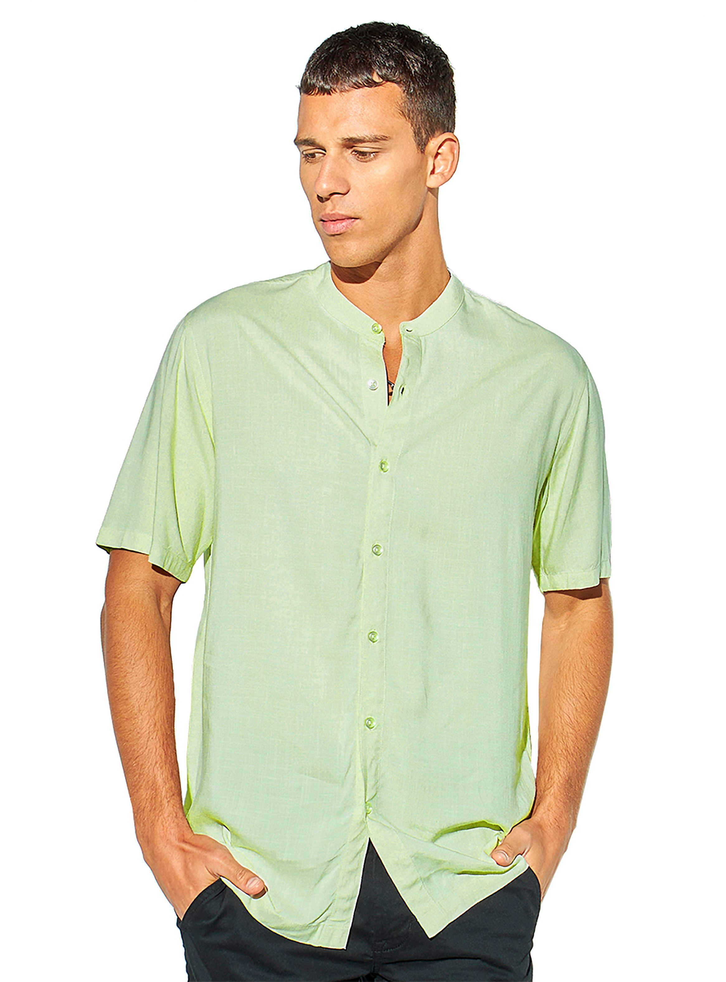 Camisa de Lino Manga Corta Hombre Cuello Mao Verde-0