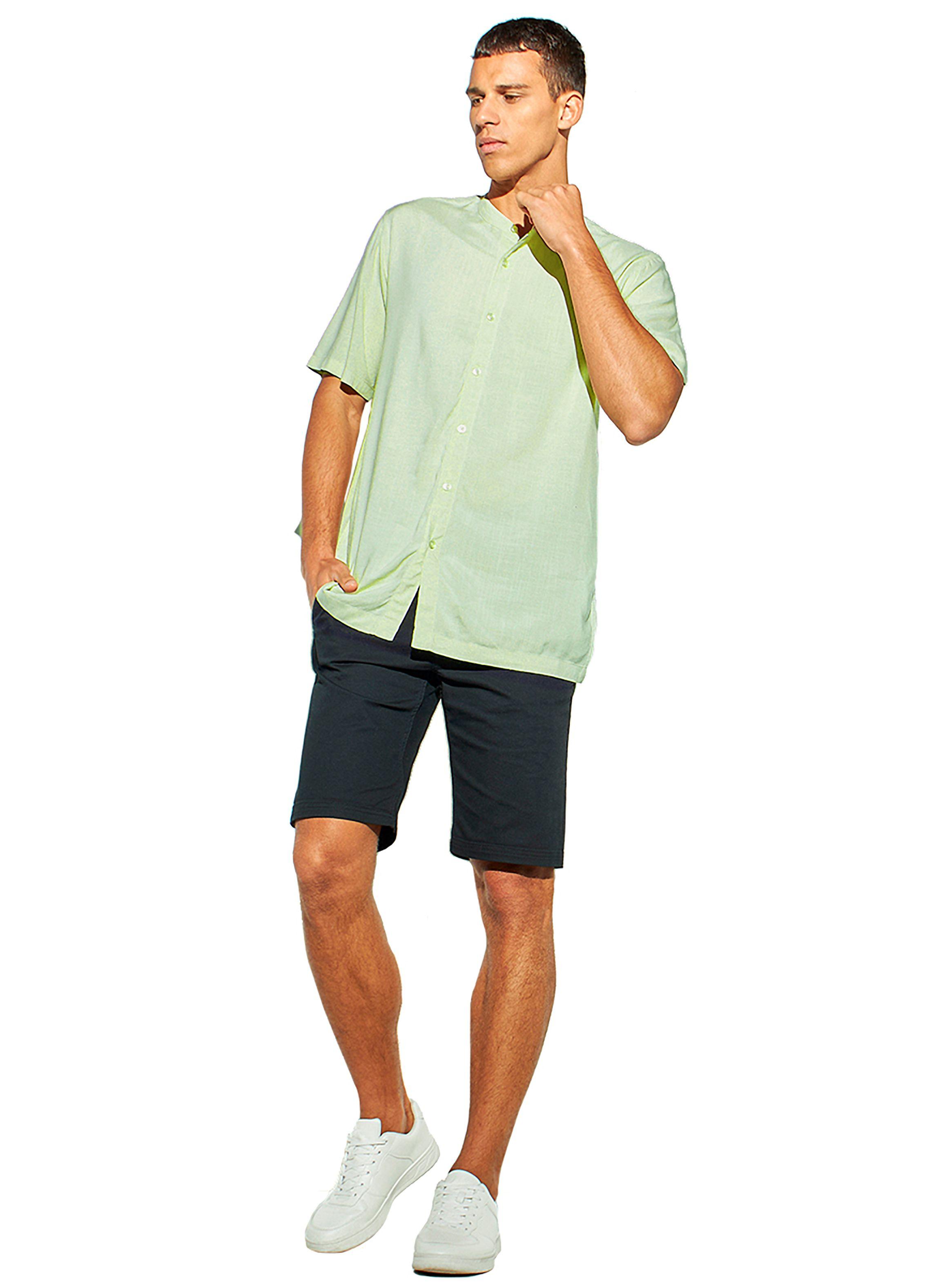 Camisa de Lino Manga Corta Hombre Cuello Mao Verde-2