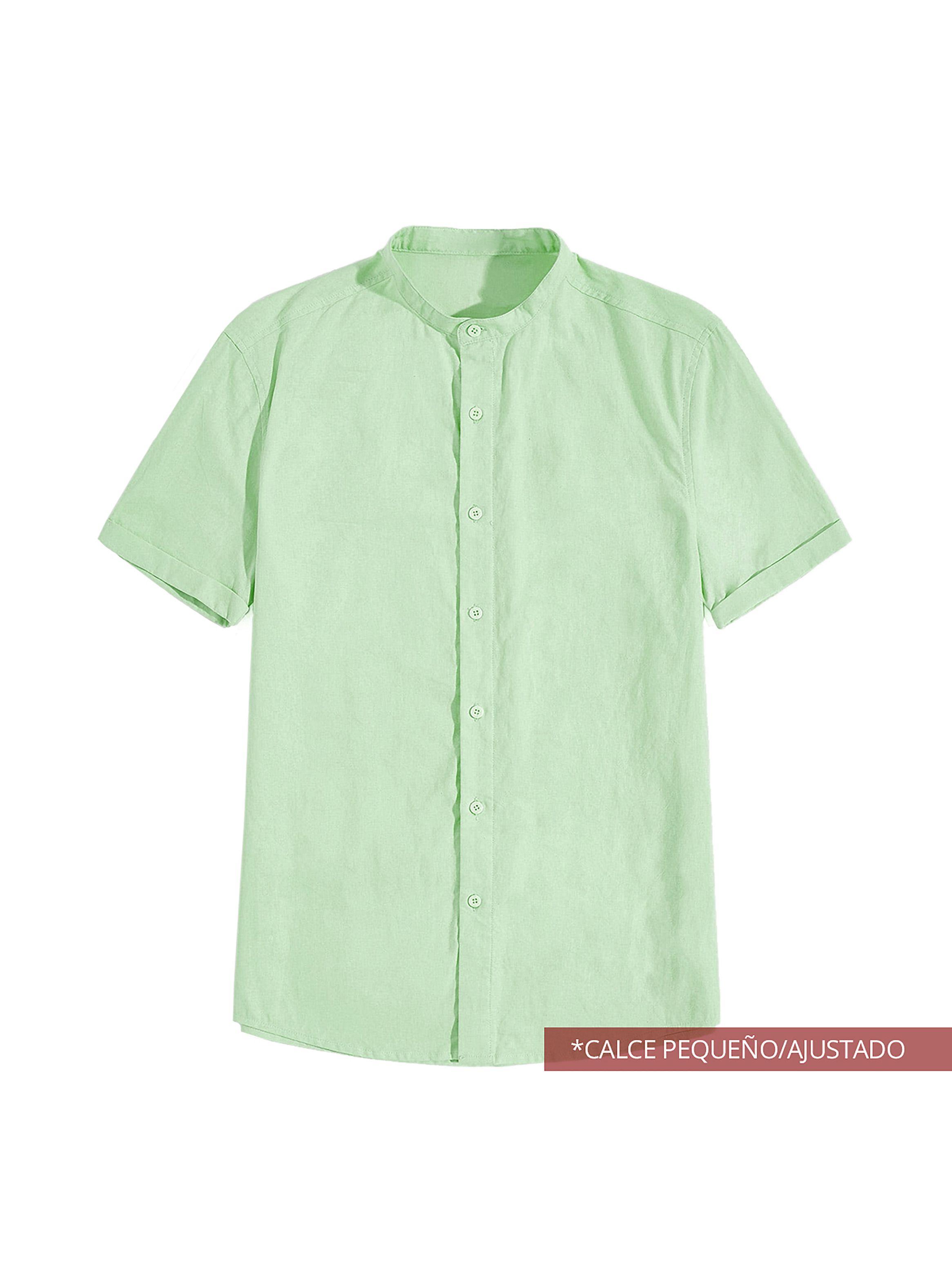 Camisa de Lino Manga Corta Hombre Cuello Mao Verde-4