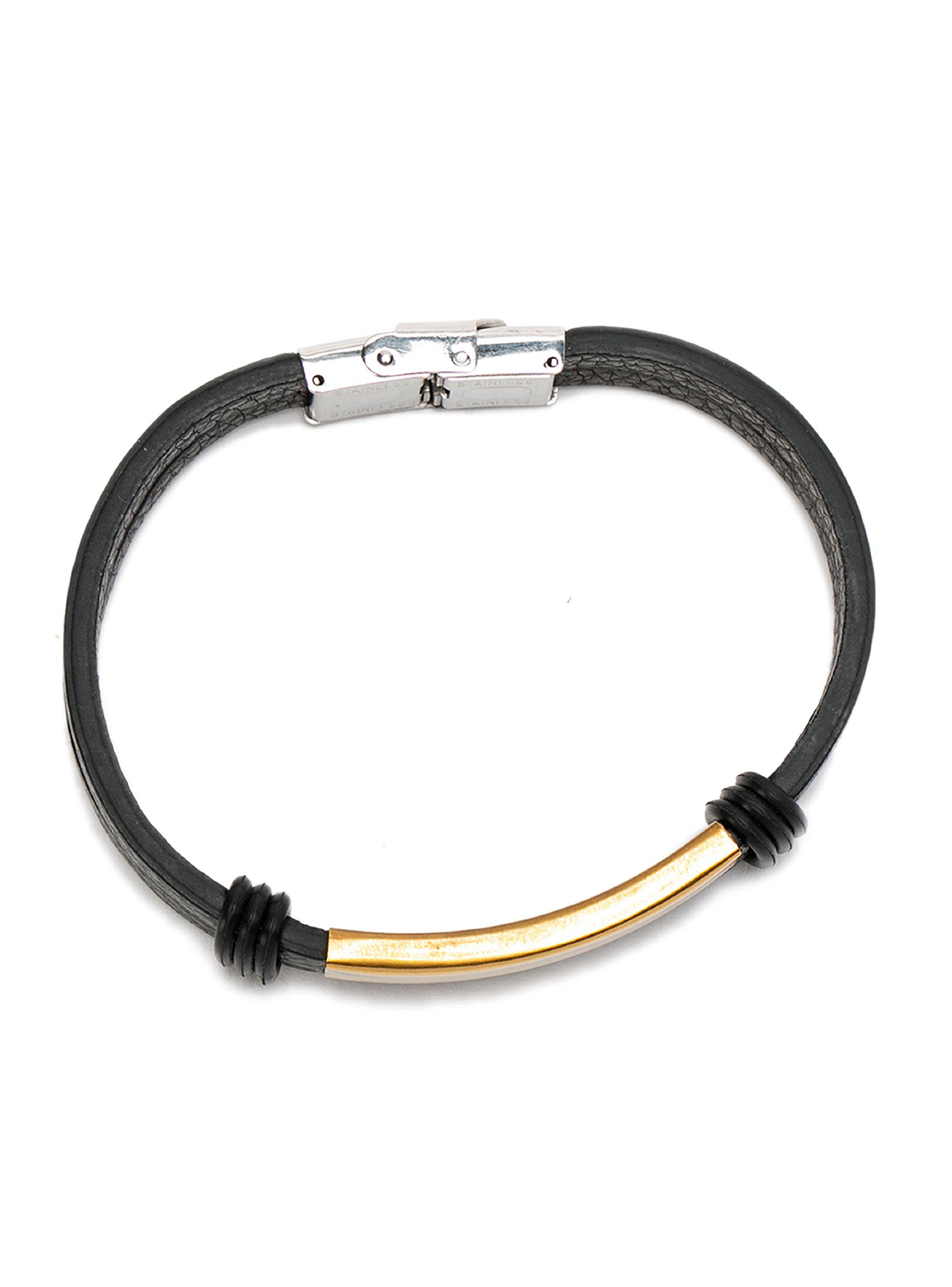 Pulseras Cuero Negro con Placa de Acero Dorado-2