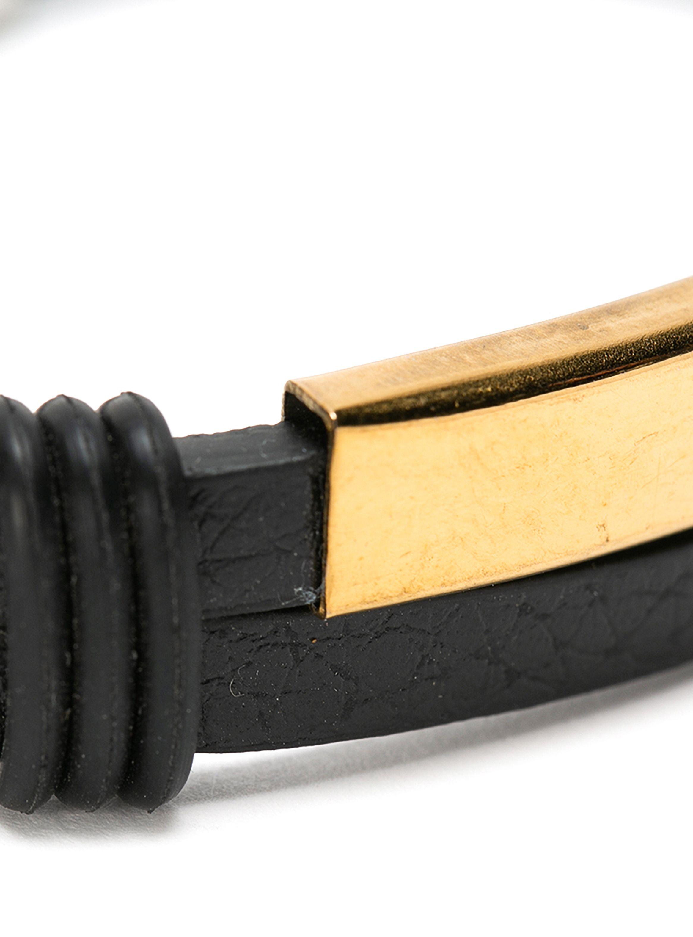 Pulseras Cuero Negro con Placa de Acero Dorado-3