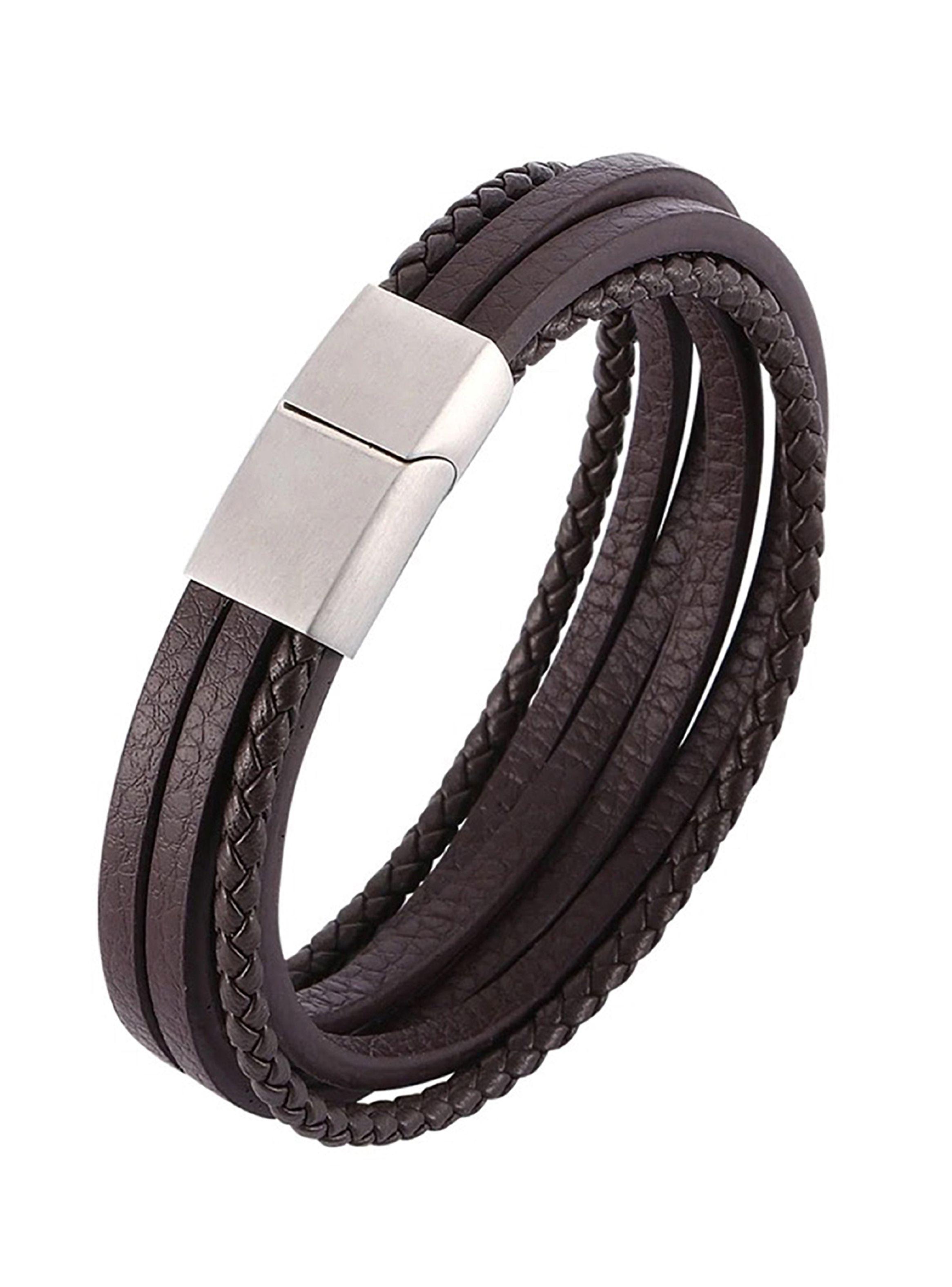 Pulsera De Cuero Trenza Líneas Café Hombre-0