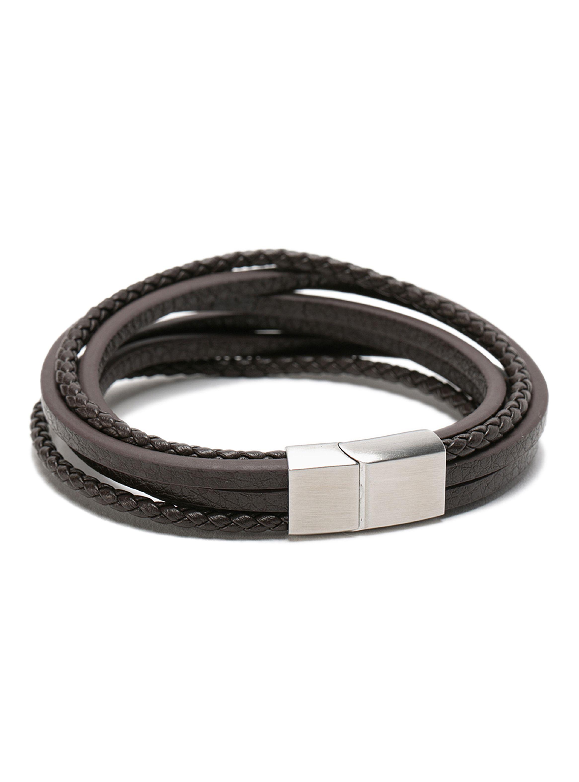 Pulsera De Cuero Trenza Líneas Café Hombre-1