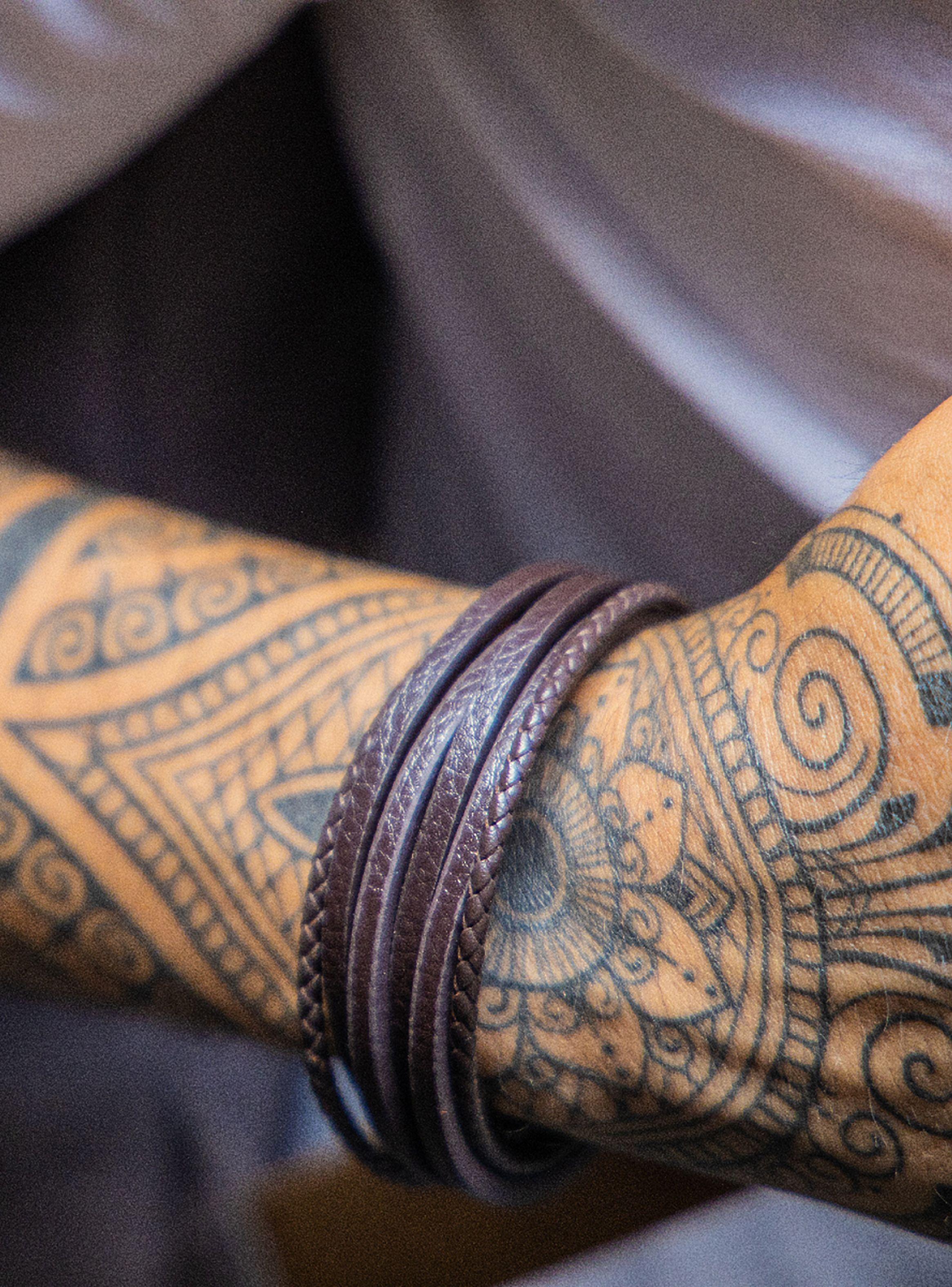 Pulsera De Cuero Trenza Líneas Café Hombre-2