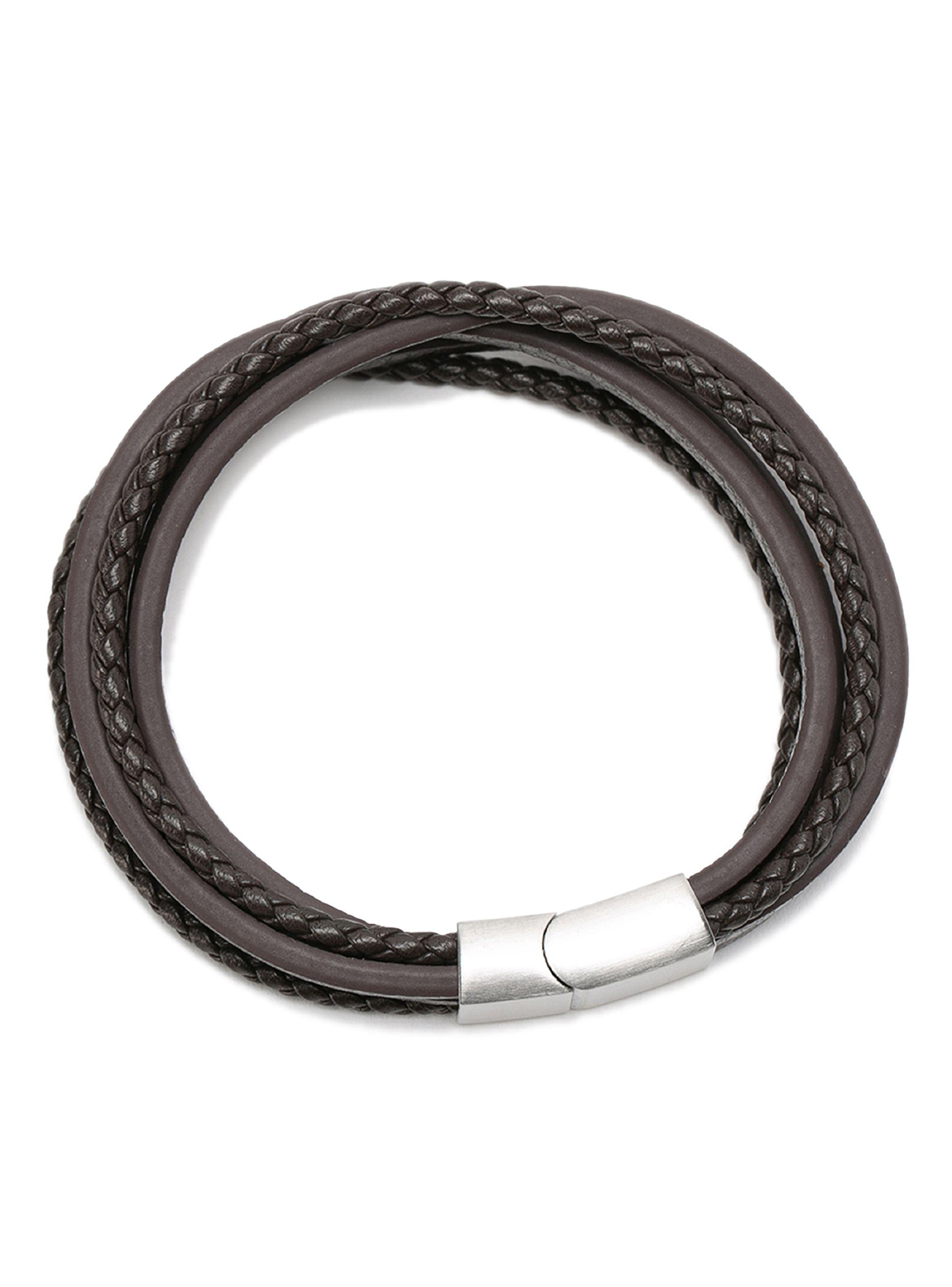 Pulsera De Cuero Trenza Líneas Café Hombre-3