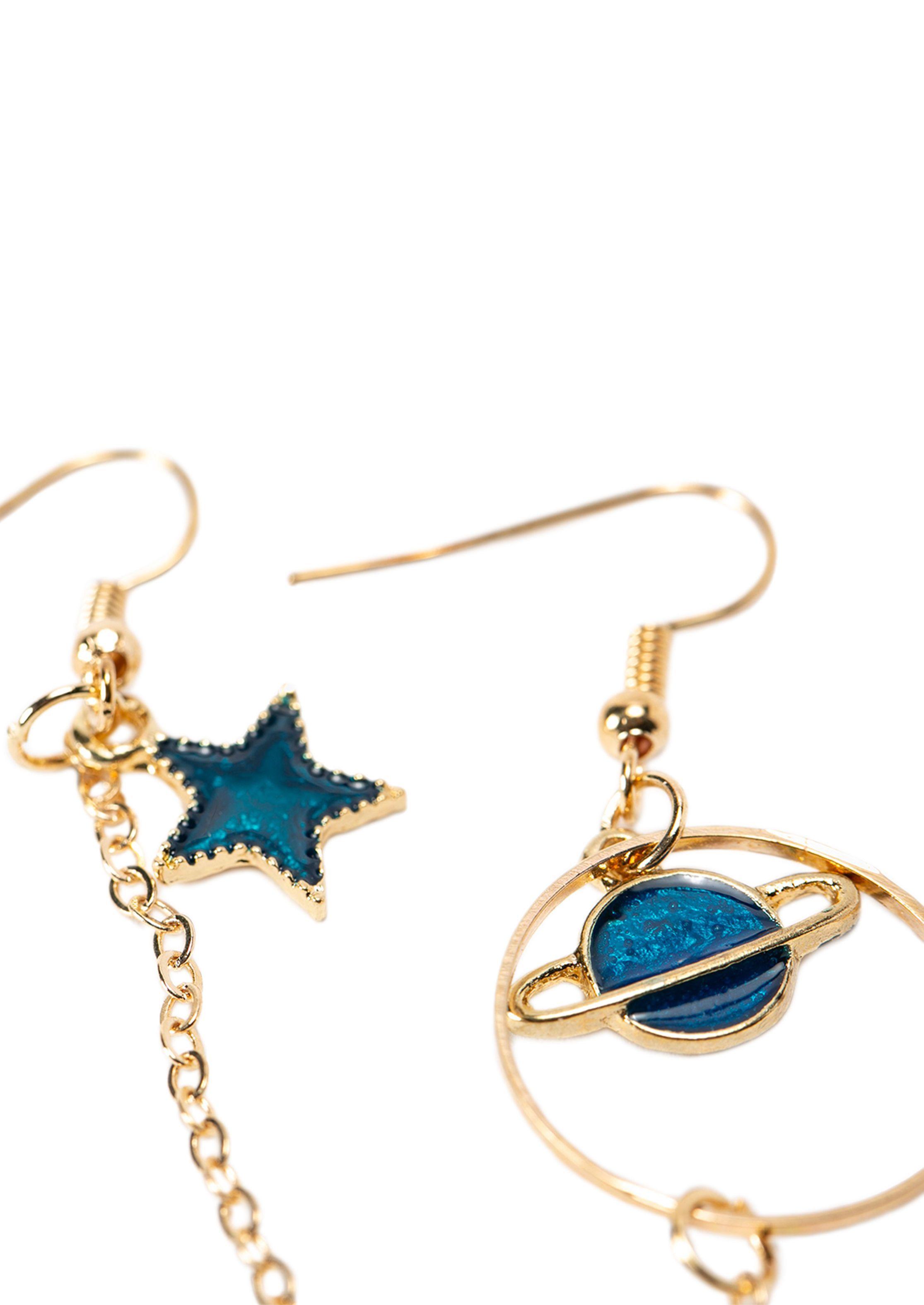 Aretes Colgantes Mujer Planeta Luna Azul Dorado-1