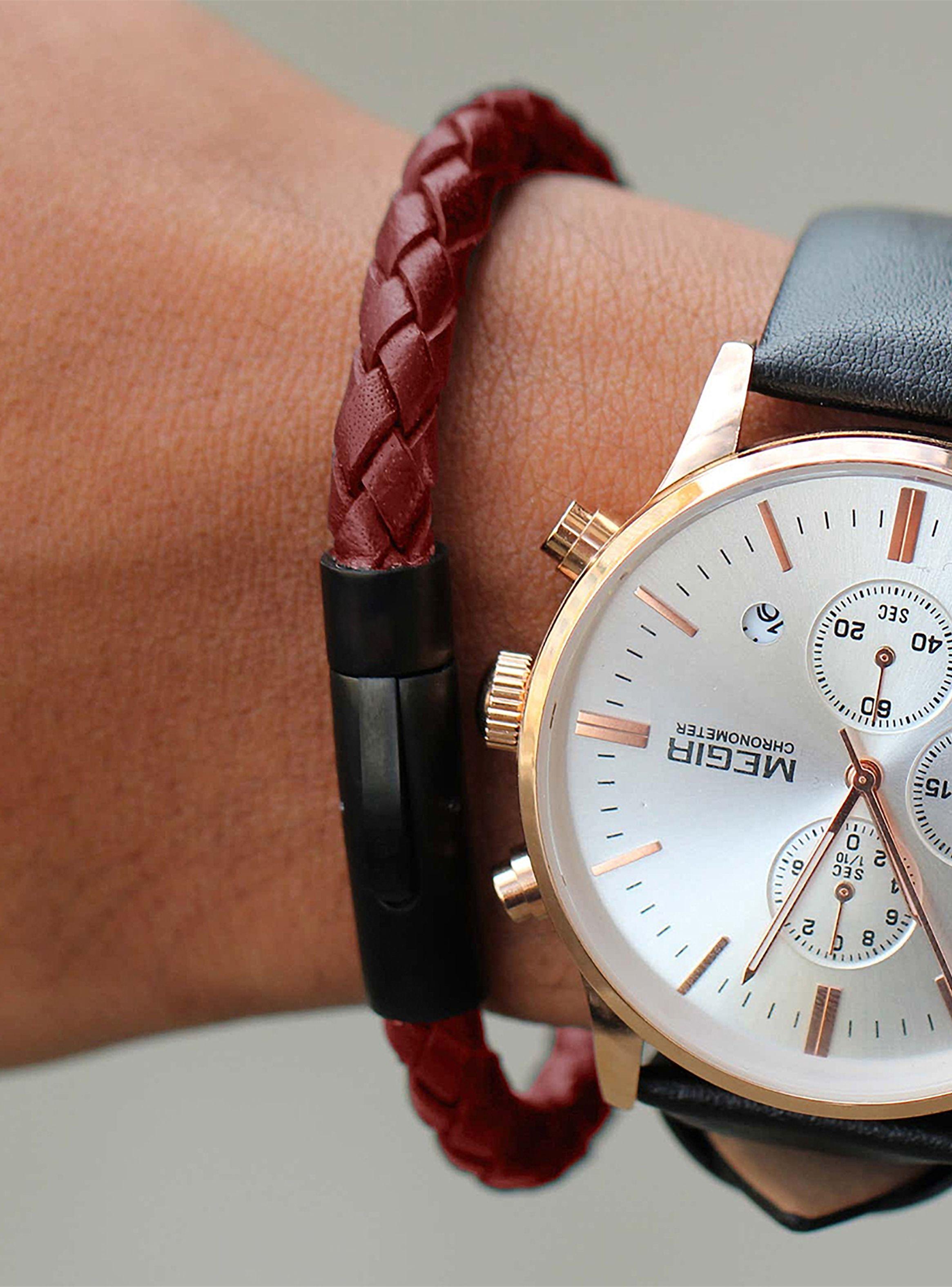 Pulsera de Cuero Trenzado Rojo con Broche de Acero a Presión Pequeña-5