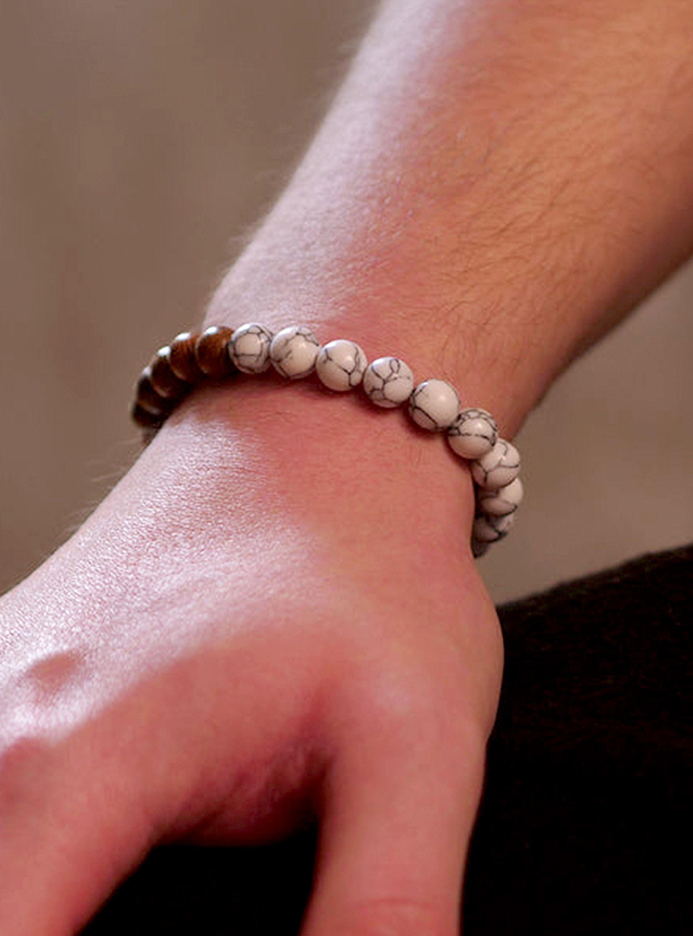 Pulsera Elástica Howlita Blanca y Madera-2