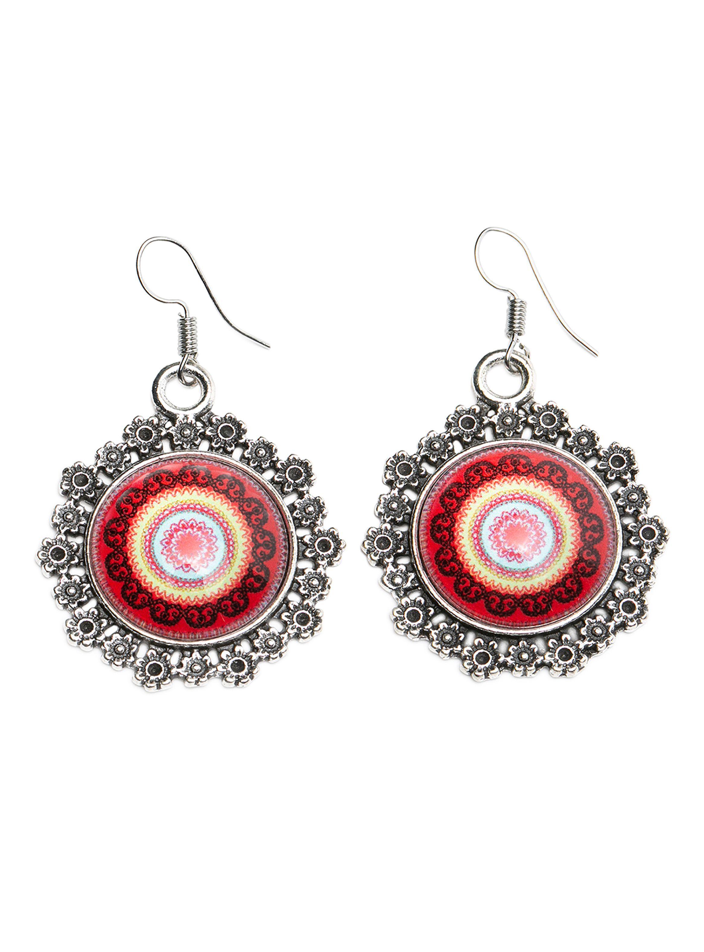 Aretes Mandala Rojo Acero Inoxidable Mujer-0