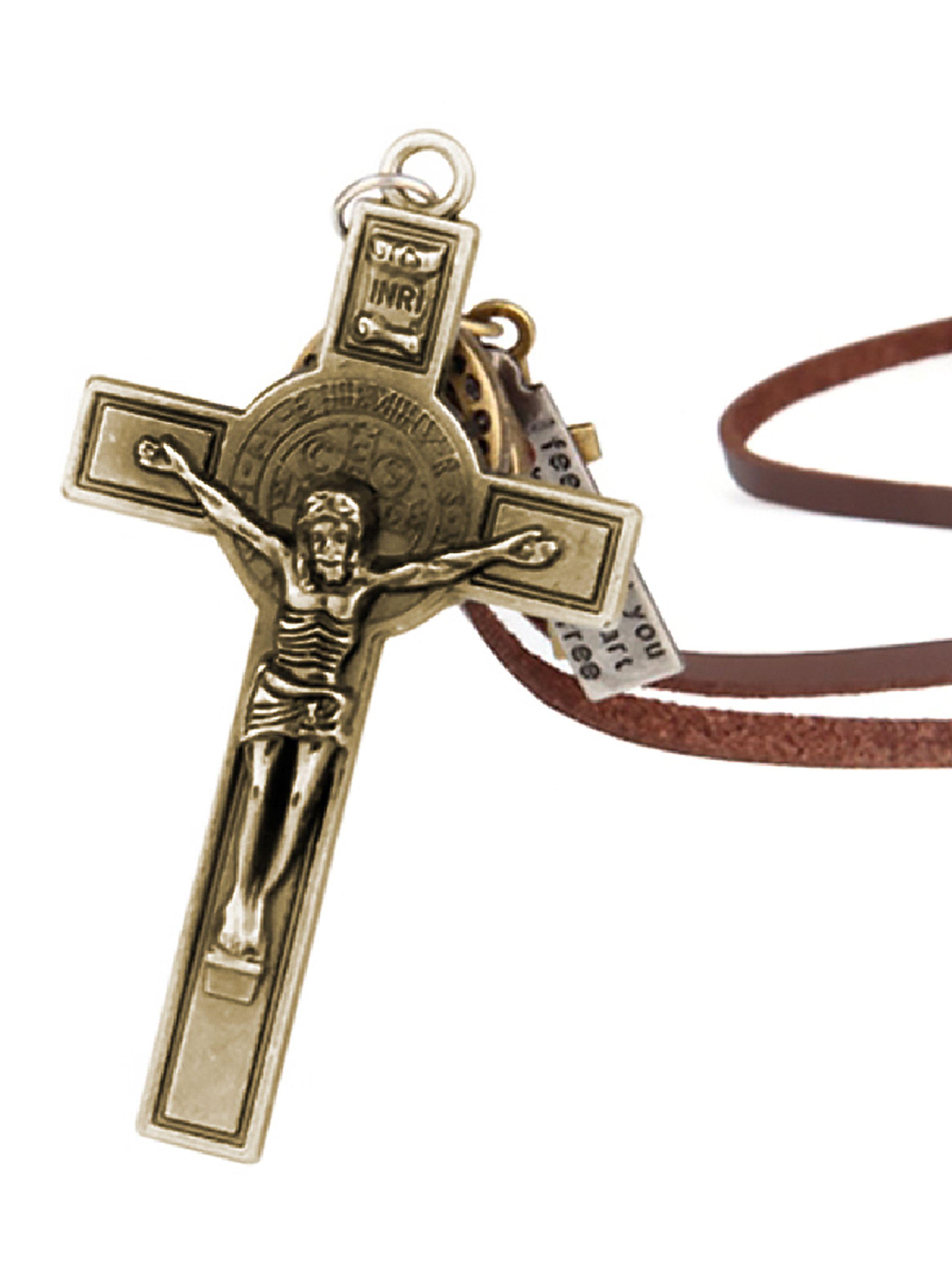 Collar de Cuero Unisex Colgante Crucifijo Cruz Bronce con Dijes-4