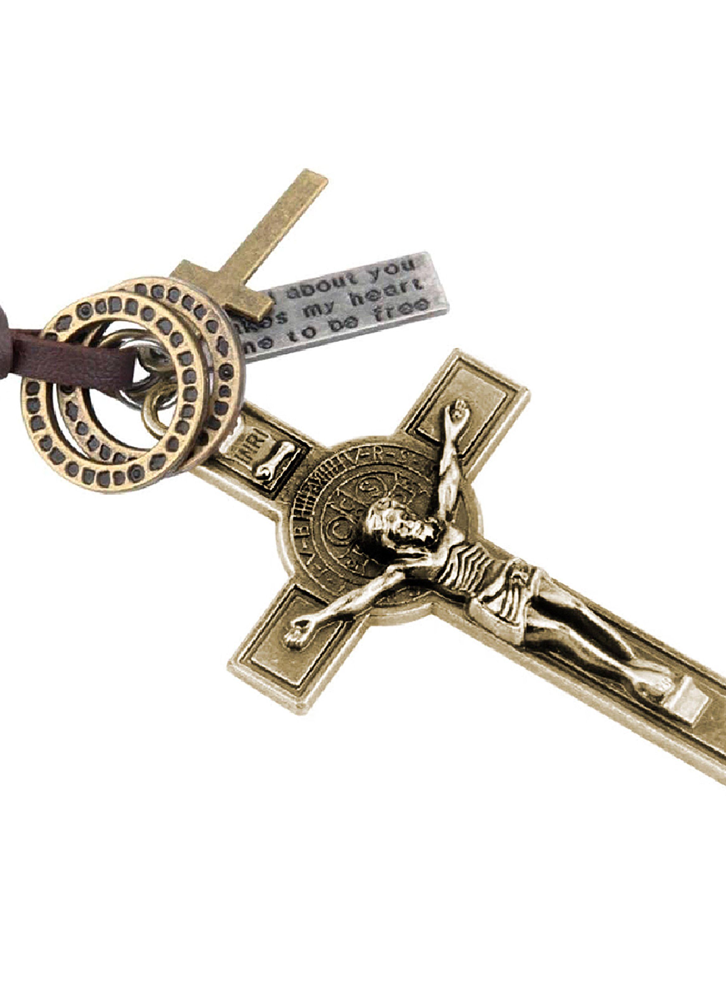 Collar de Cuero Unisex Colgante Crucifijo Cruz Bronce con Dijes-5