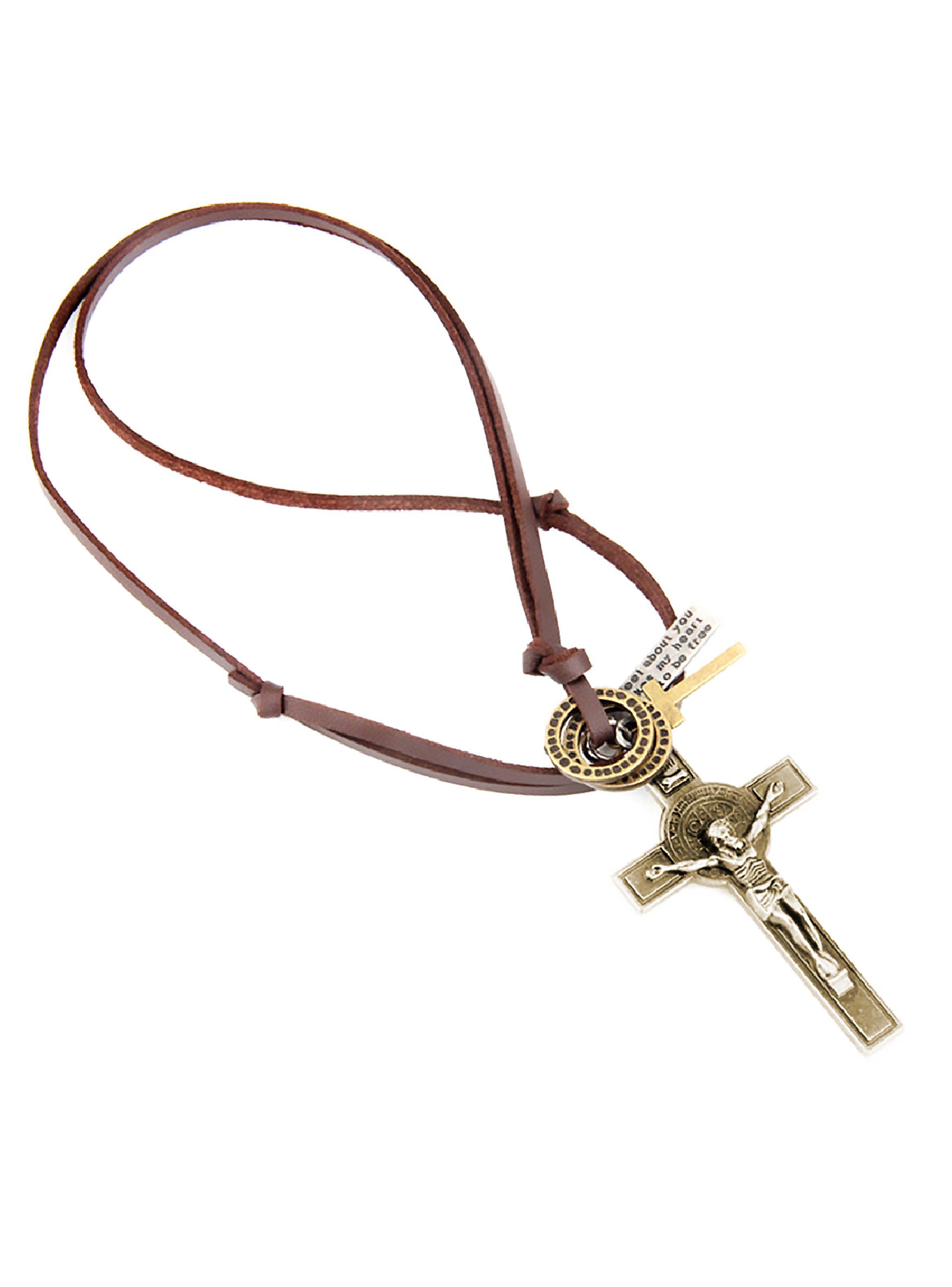 Collar de Cuero Unisex Colgante Crucifijo Cruz Bronce con Dijes-6