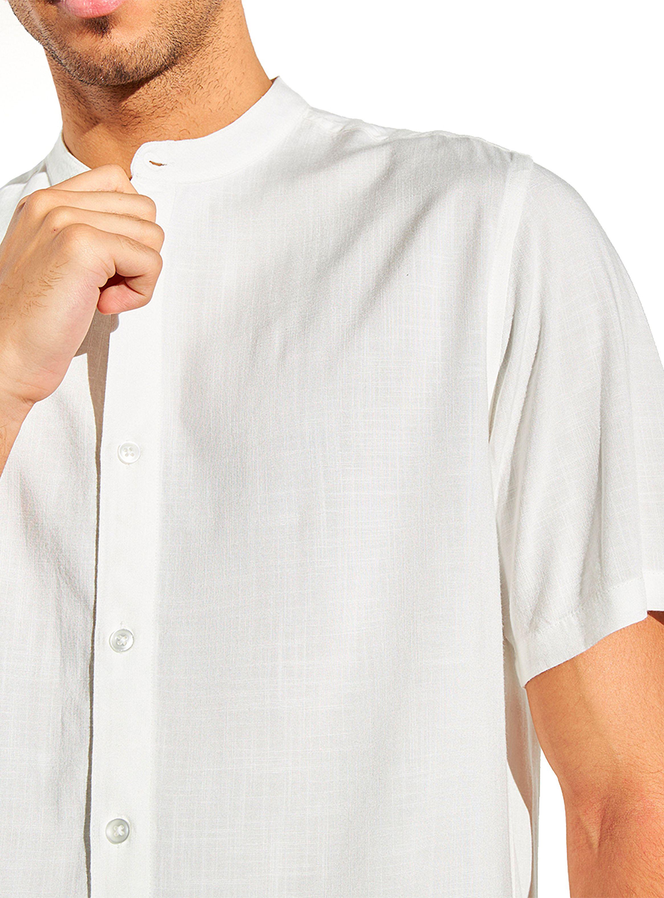 Camisa de Lino Manga Corta Hombre Cuello Mao Blanca-3