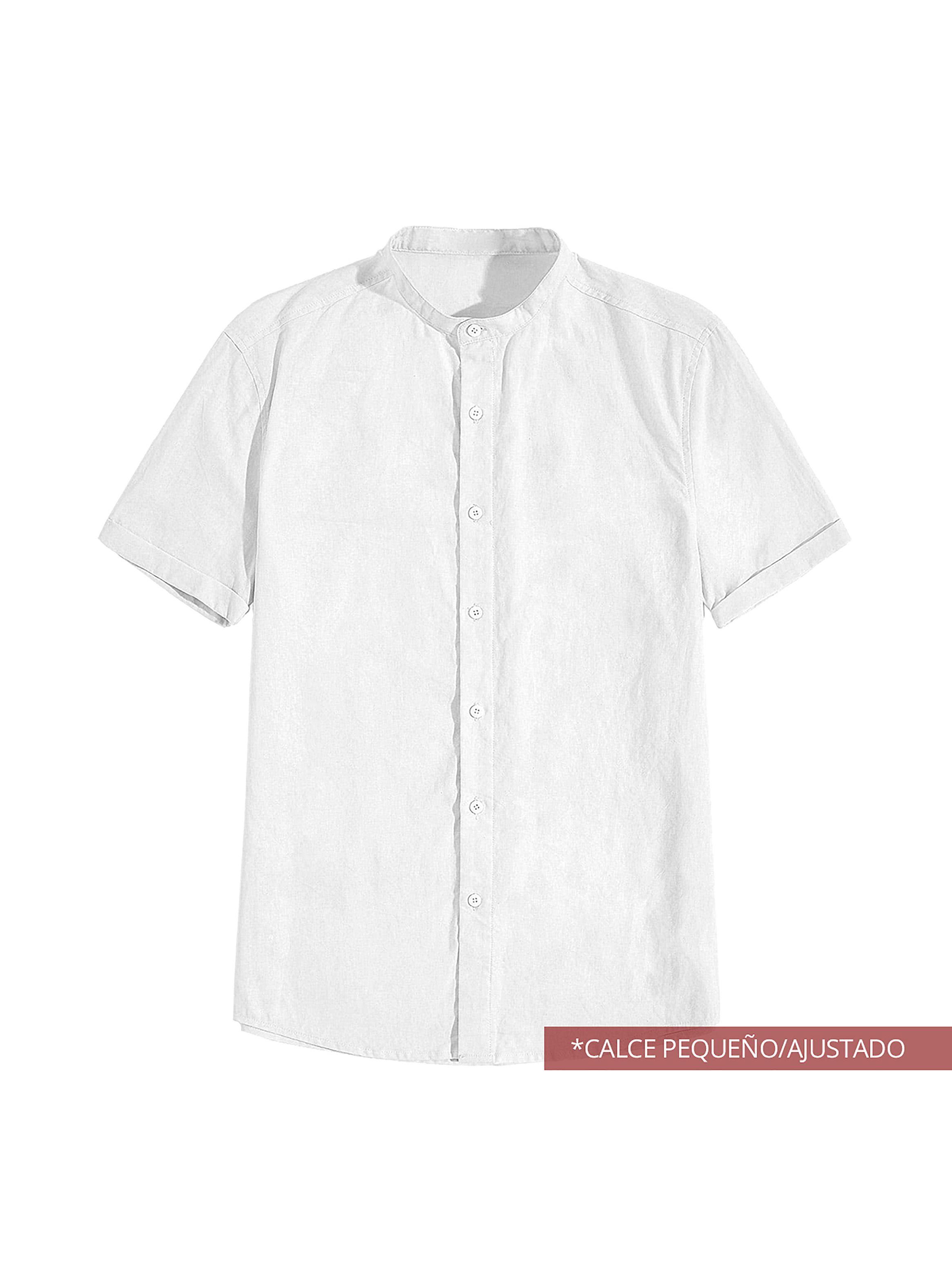 Camisa de Lino Manga Corta Hombre Cuello Mao Blanca-4